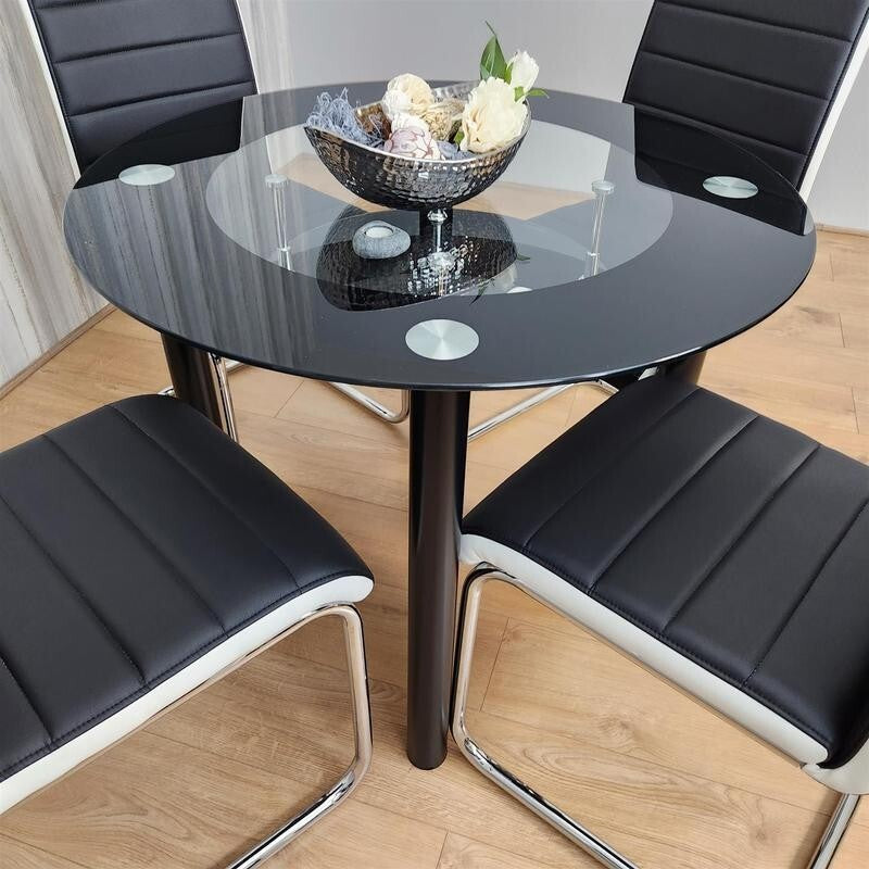 Round Glass Dining Table Set 4 Faux Leather Chairs Modern Kitchen