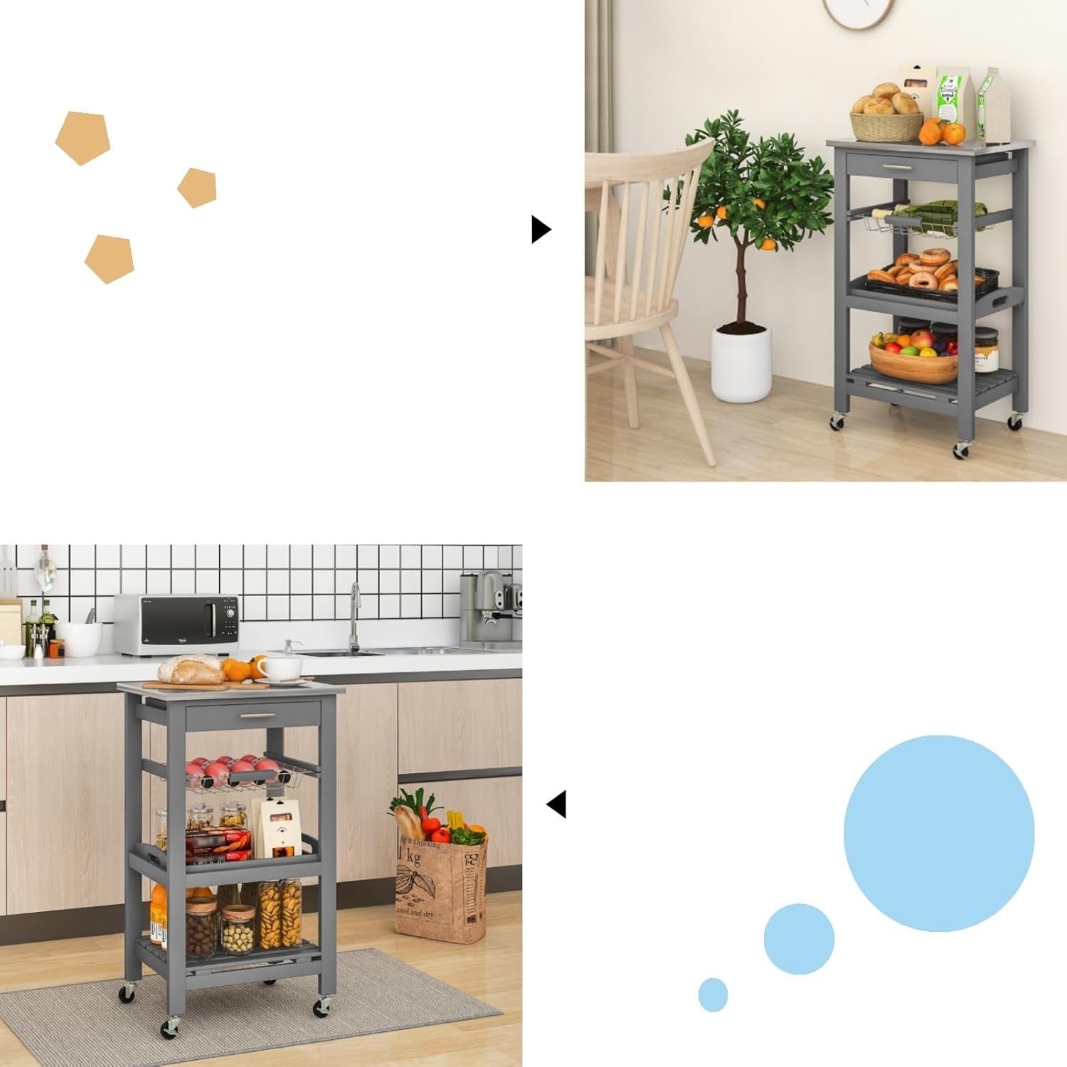 4 Tier Kitchen Trolley Stainless Steel Top Cart Grey