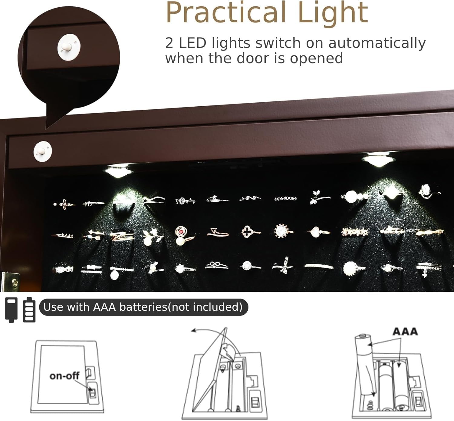 Brown Wall Door Mounted Jewellery Cabinet Lockable Mirror Organizer