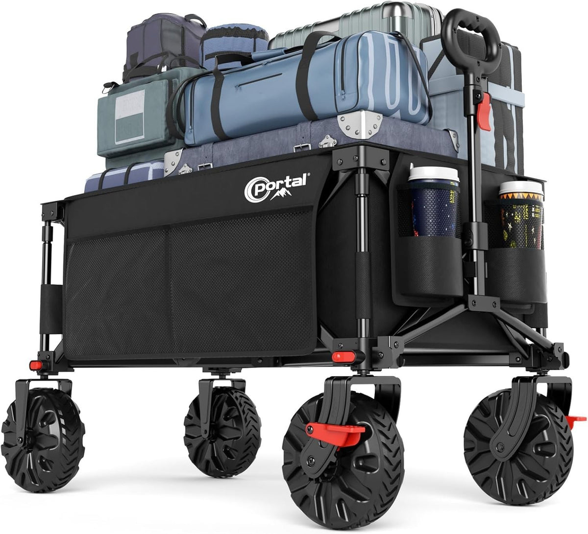Black Heavy Duty Folding Beach Wagon 110kg All-Terrain Trolley w/ Brakes & XL