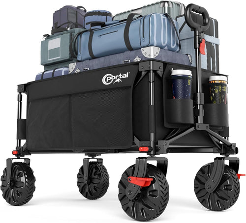 Black Heavy Duty Folding Beach Wagon 110kg All-Terrain Trolley w/ Brakes & XL