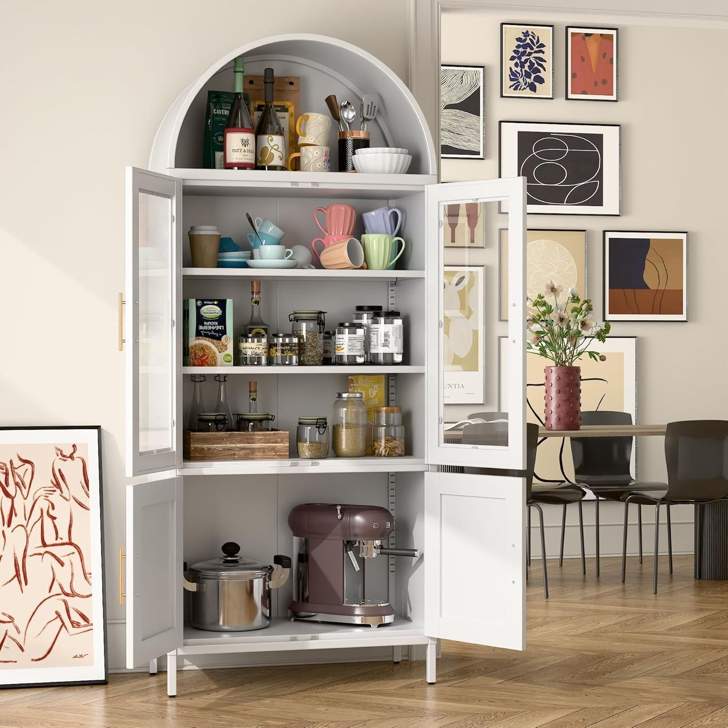 Tall White Kitchen Pantry Cabinet Glass Doors Metal Storage 185cm Modern