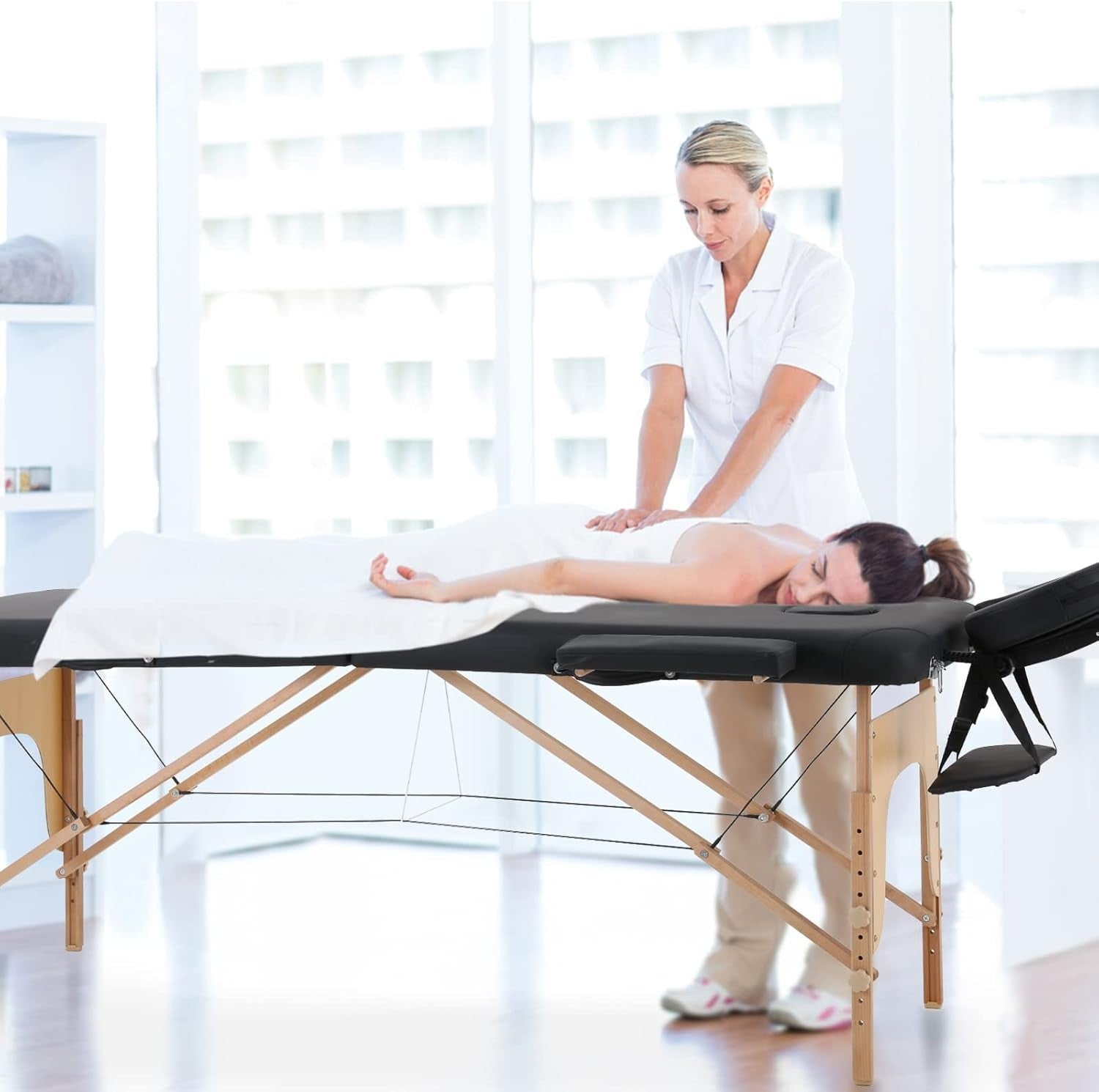 Portable Massage Table Foldable Wooden 2-Section Therapy Tattoo Spa Bed Black