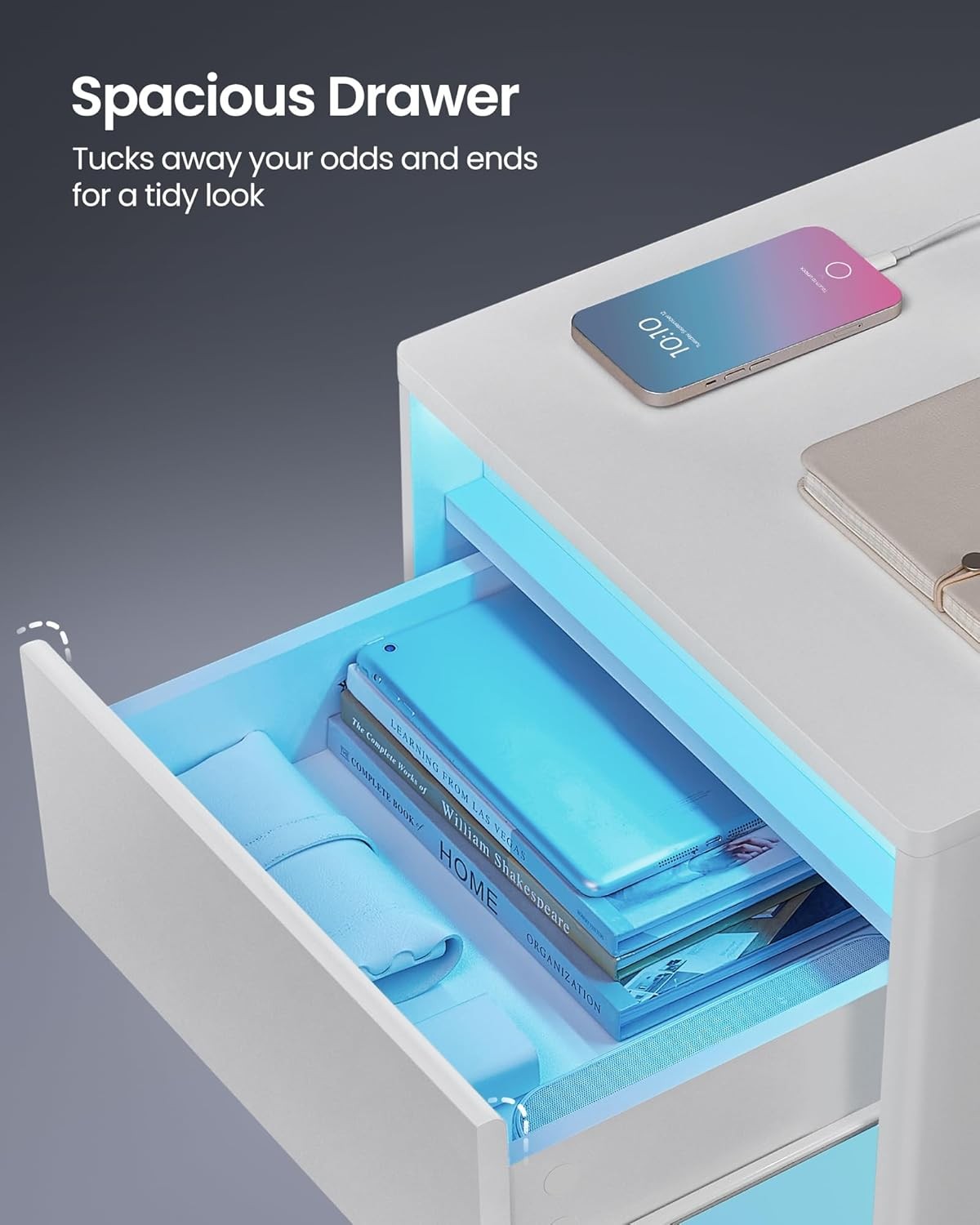 LED Bedside Table with Charging Station, Drawer & Adjustable Light Modes