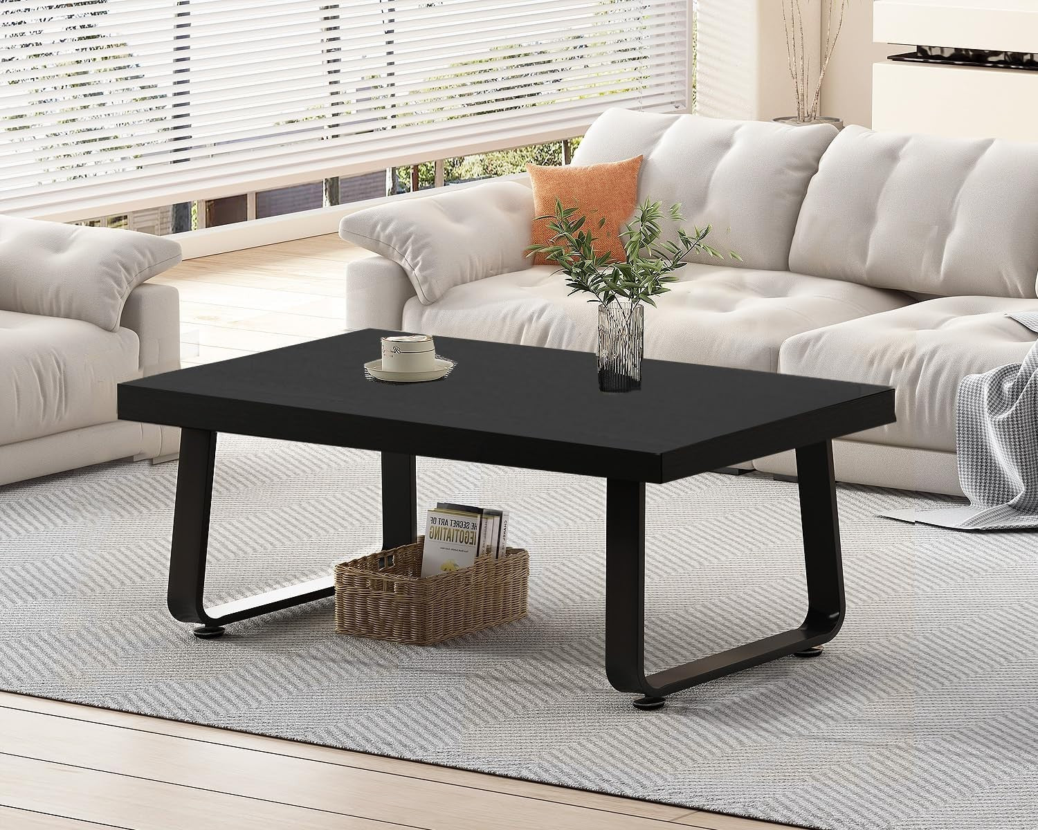 Modern Black Wood & Metal Coffee Table 100x60x46.5cm Industrial Farmhouse