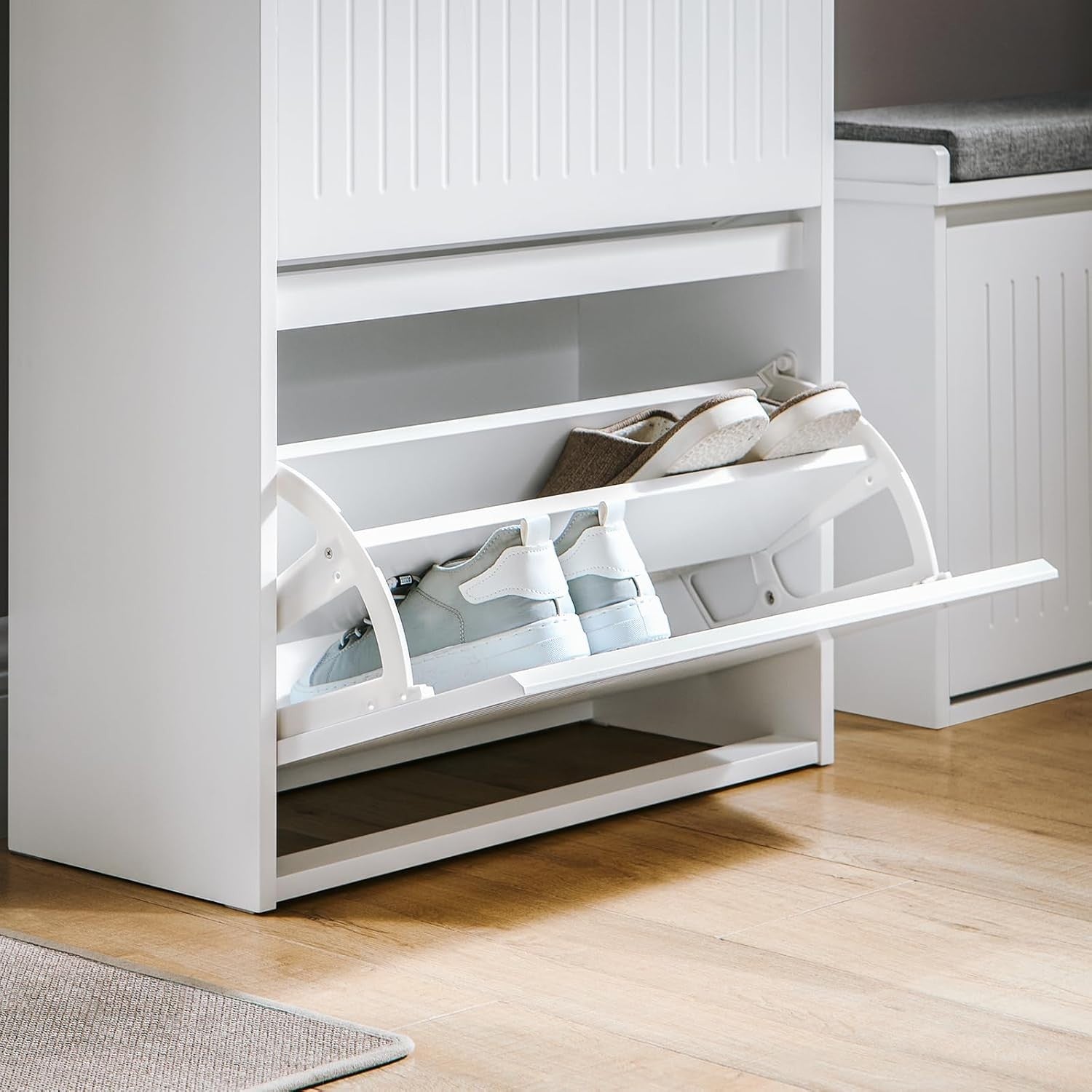 Slim Shoe Cabinet Storage Unit – 2 Flip Drawers, Pull-Out, Narrow Hallway Organi