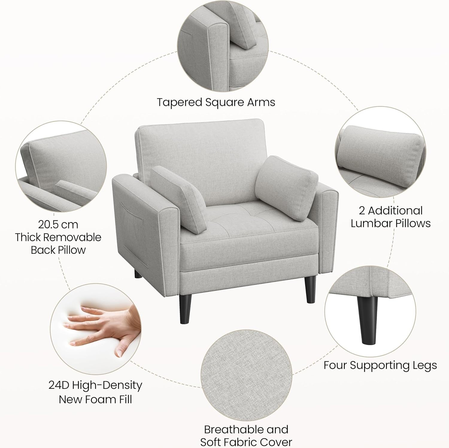 Grey Fabric Tub Chair Oversized Accent Armchair with Pillows & Storage