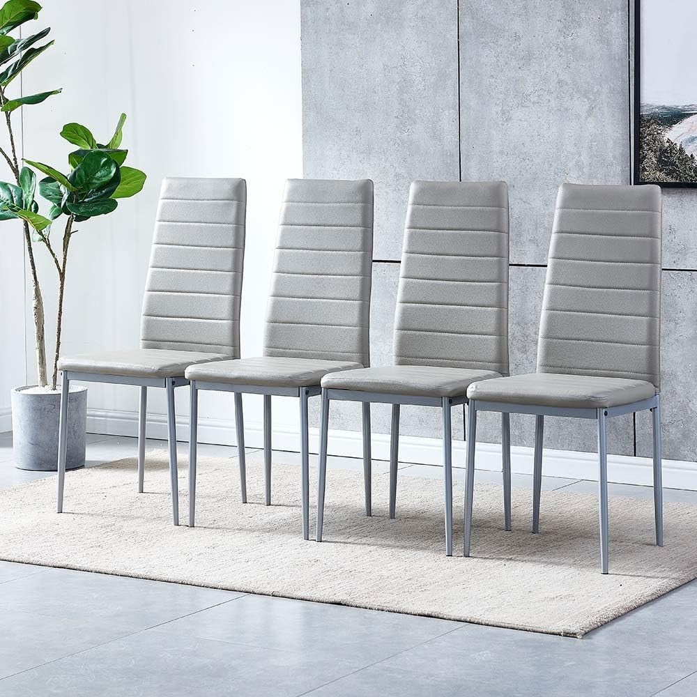 White 4-Seater Dining Table Set with Grey Leather Chairs | Space-Saving
