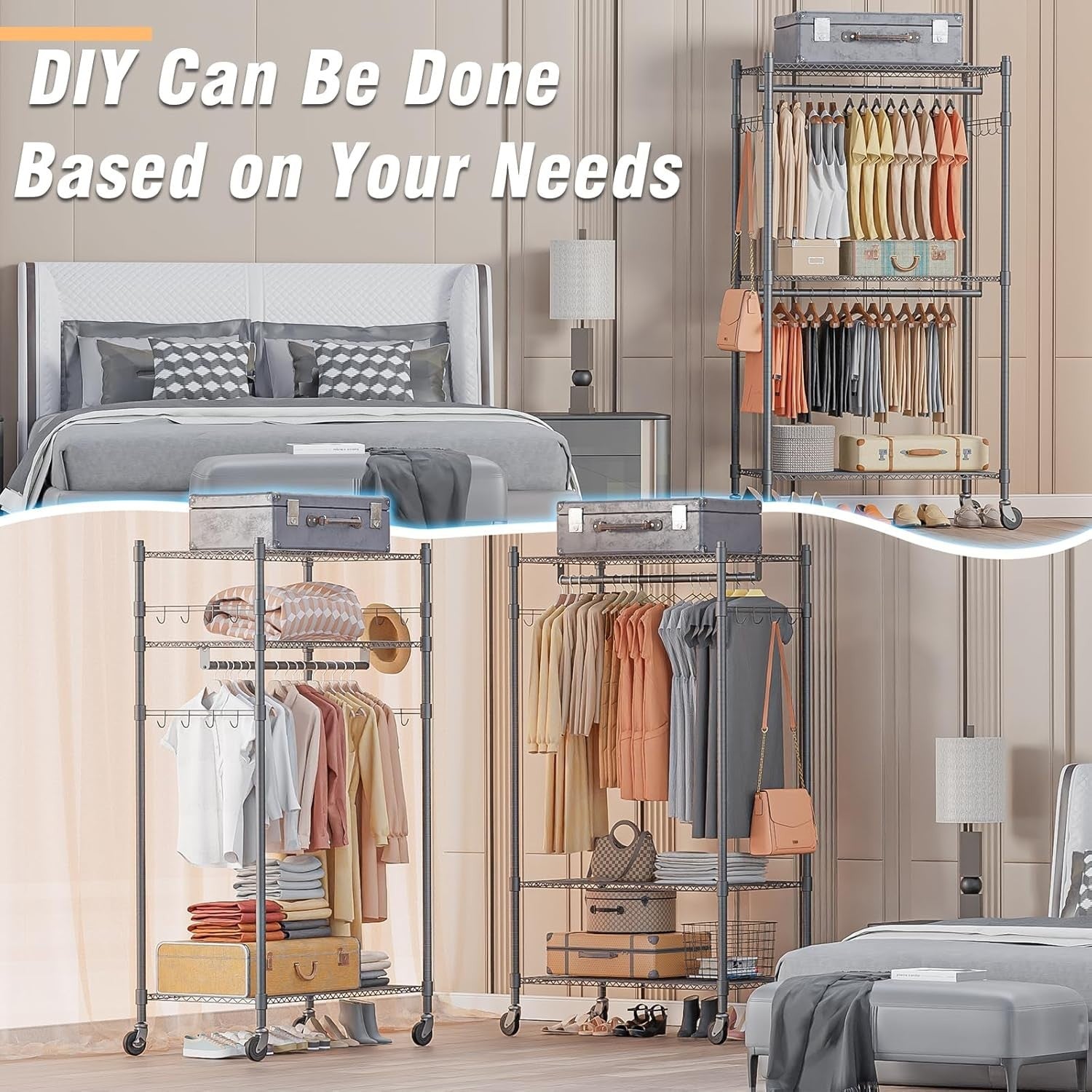 Heavy Duty 3-Tier Double Rod Clothes Rail with Wheels – Grey 205cm