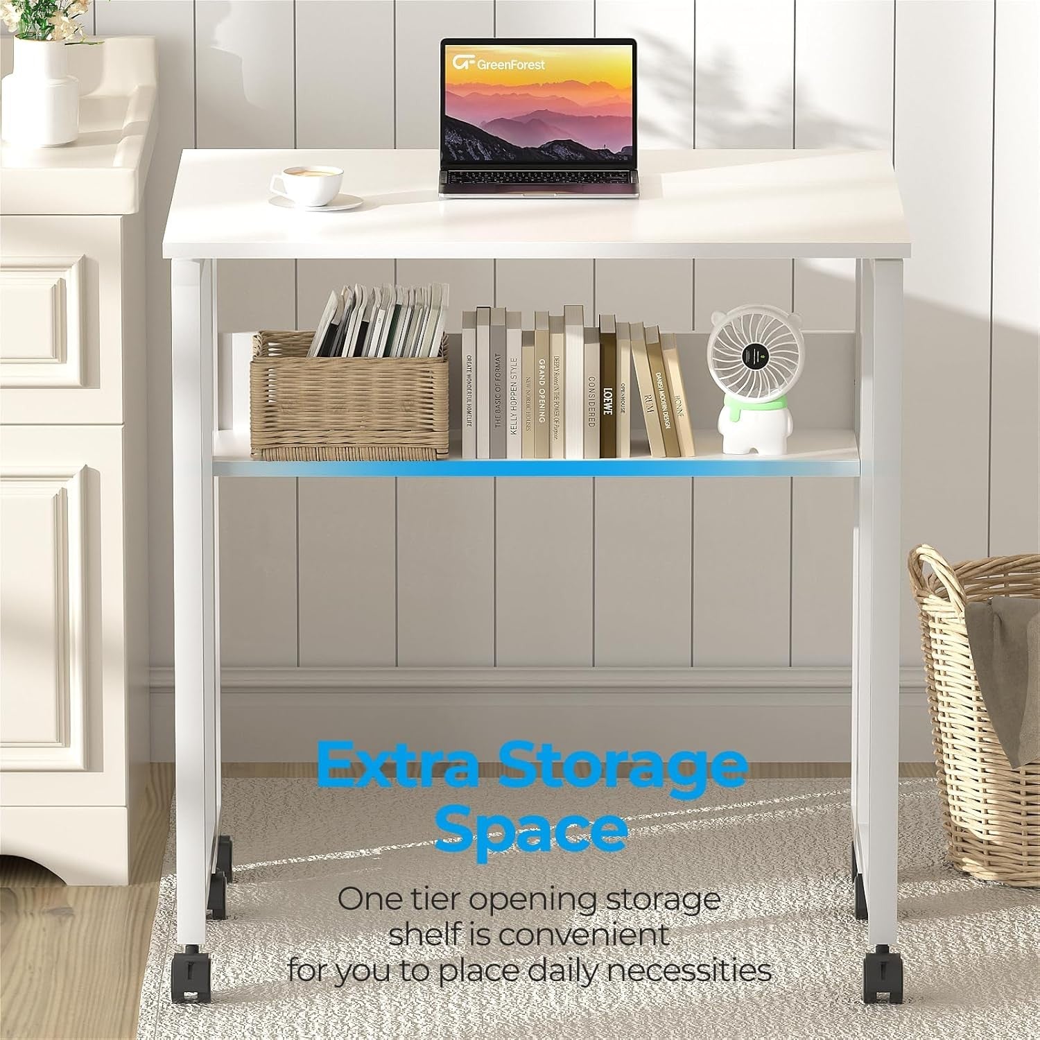 Folding Computer Desk on Wheels with Storage Shelf Space Saving White 80cm