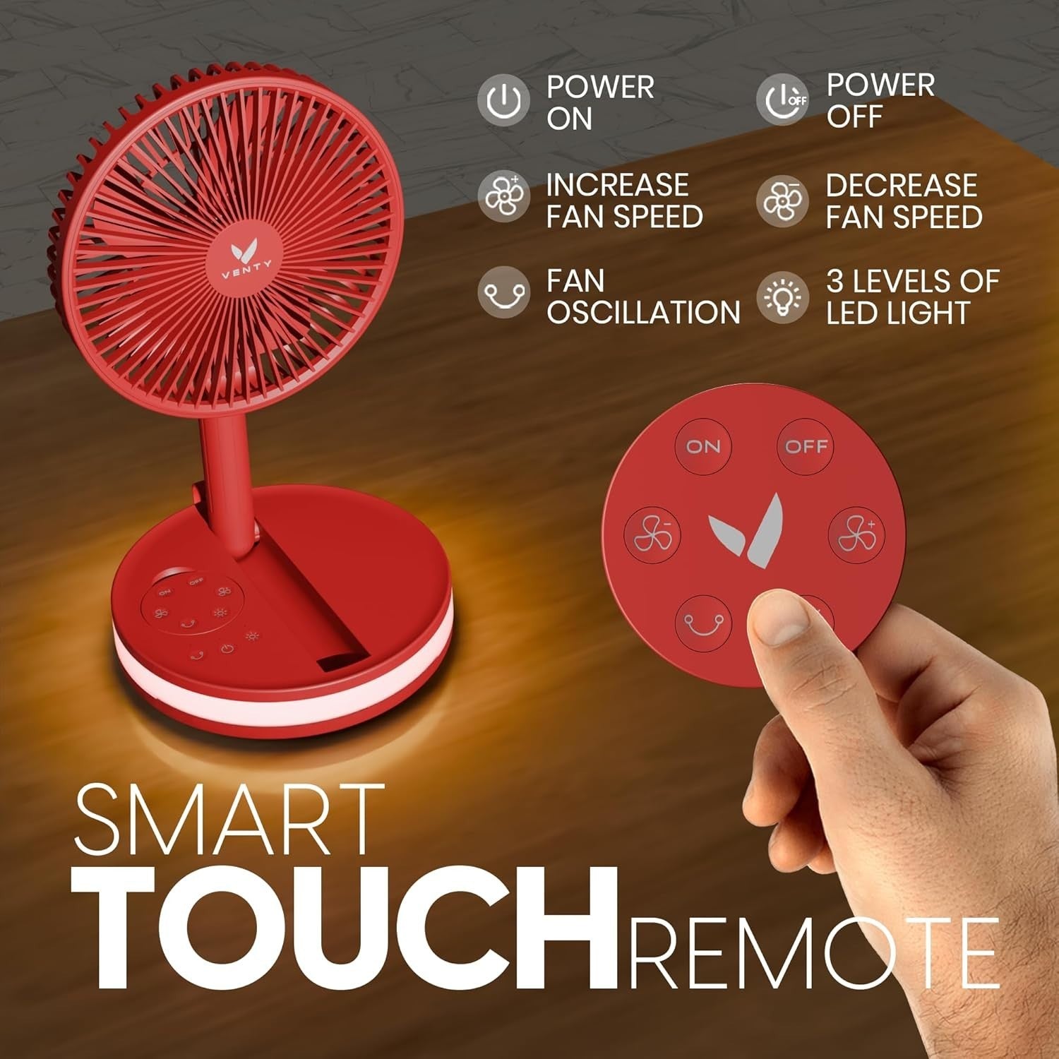 Portable Foldable Fan 4-Speed w Remote LED Light USB-C Rechargeable Red w/ Case