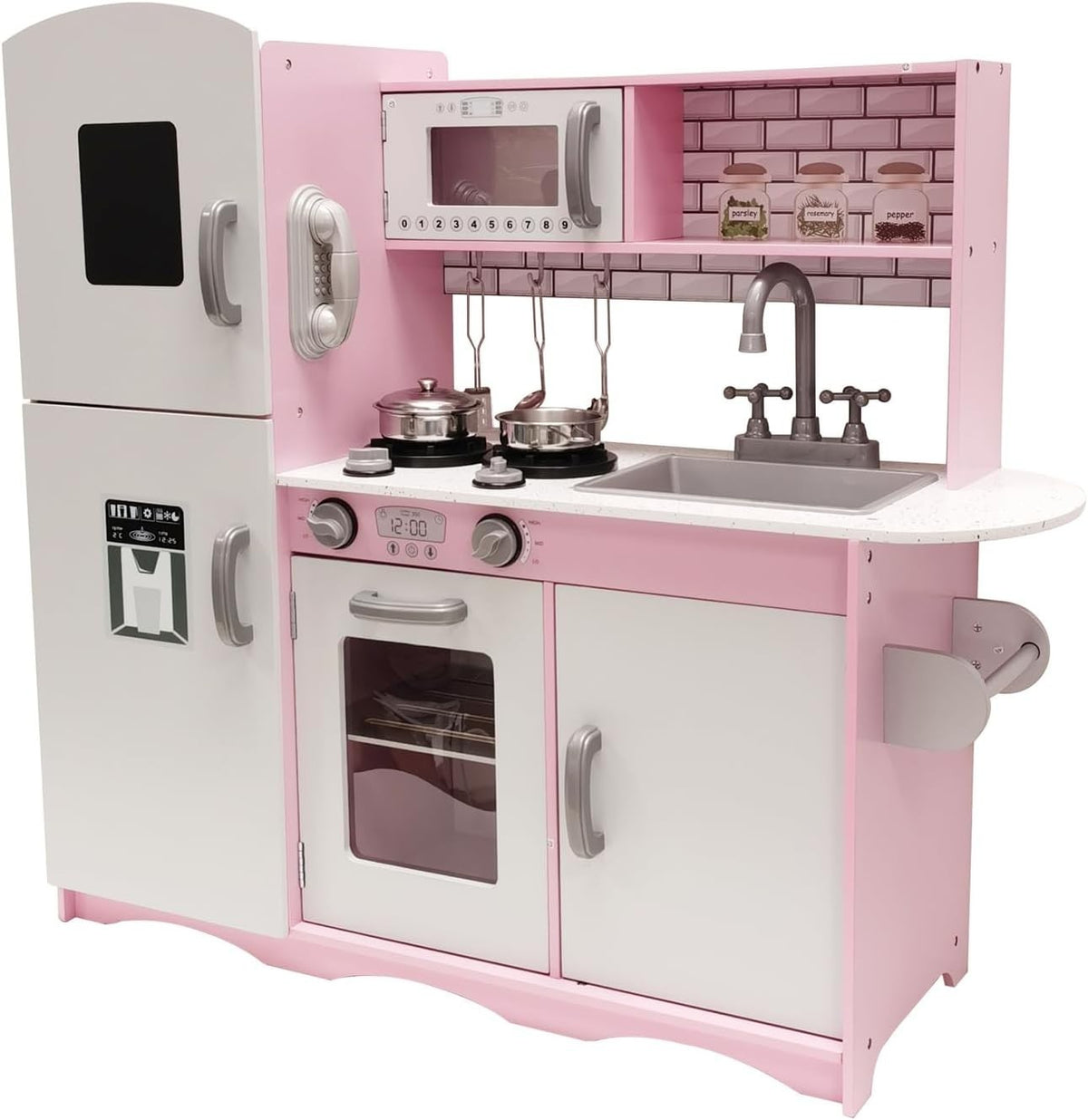Large Wooden Kids Play Kitchen Lights Sounds Toy Set Microwave Fridge