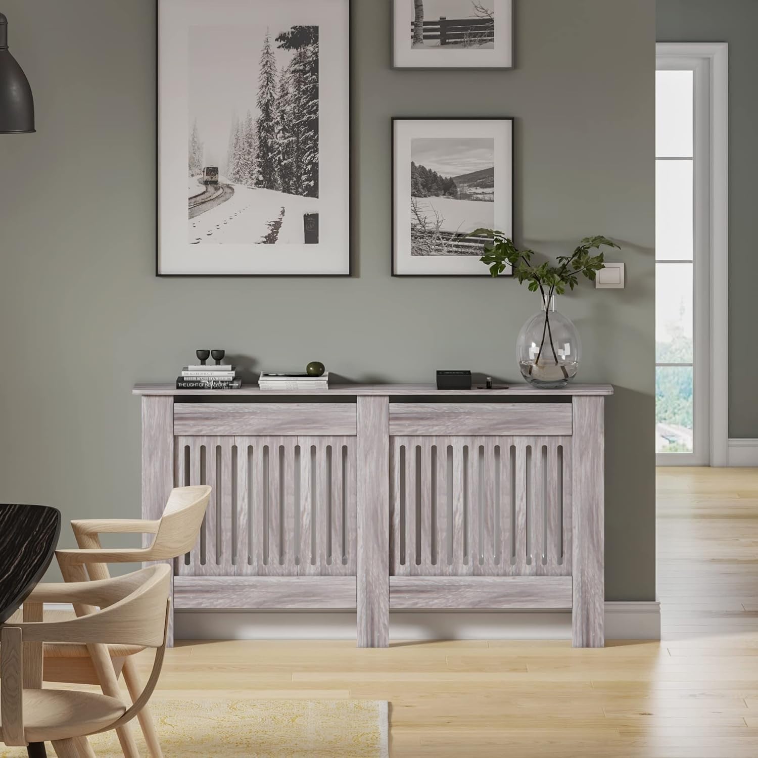 Large Grey Radiator Cover | Modern MDF Vertical Slatted Cabinet