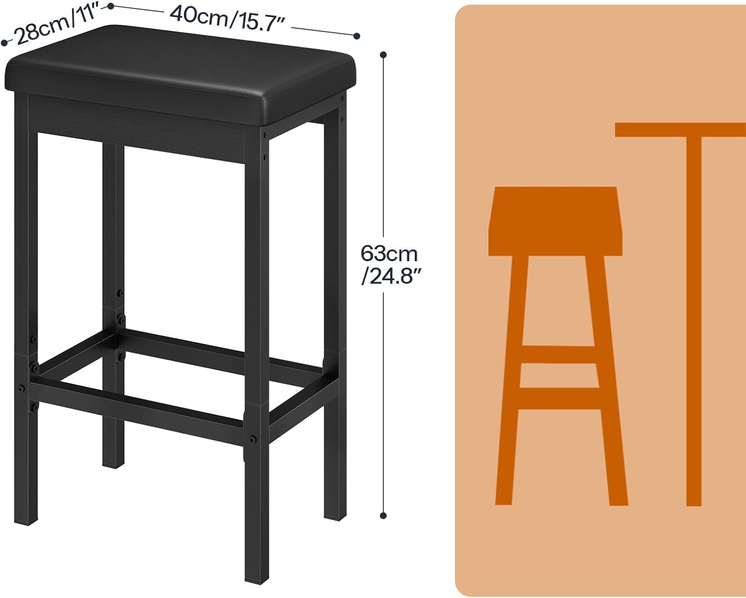 Black PU Leather Bar Stool Set 2 – 63cm High Kitchen & Breakfast Chairs