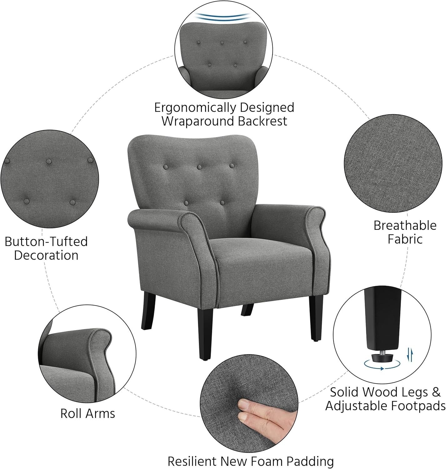 Dark Grey Modern Tub Chair Accent Armchair Padded High Back Living Room