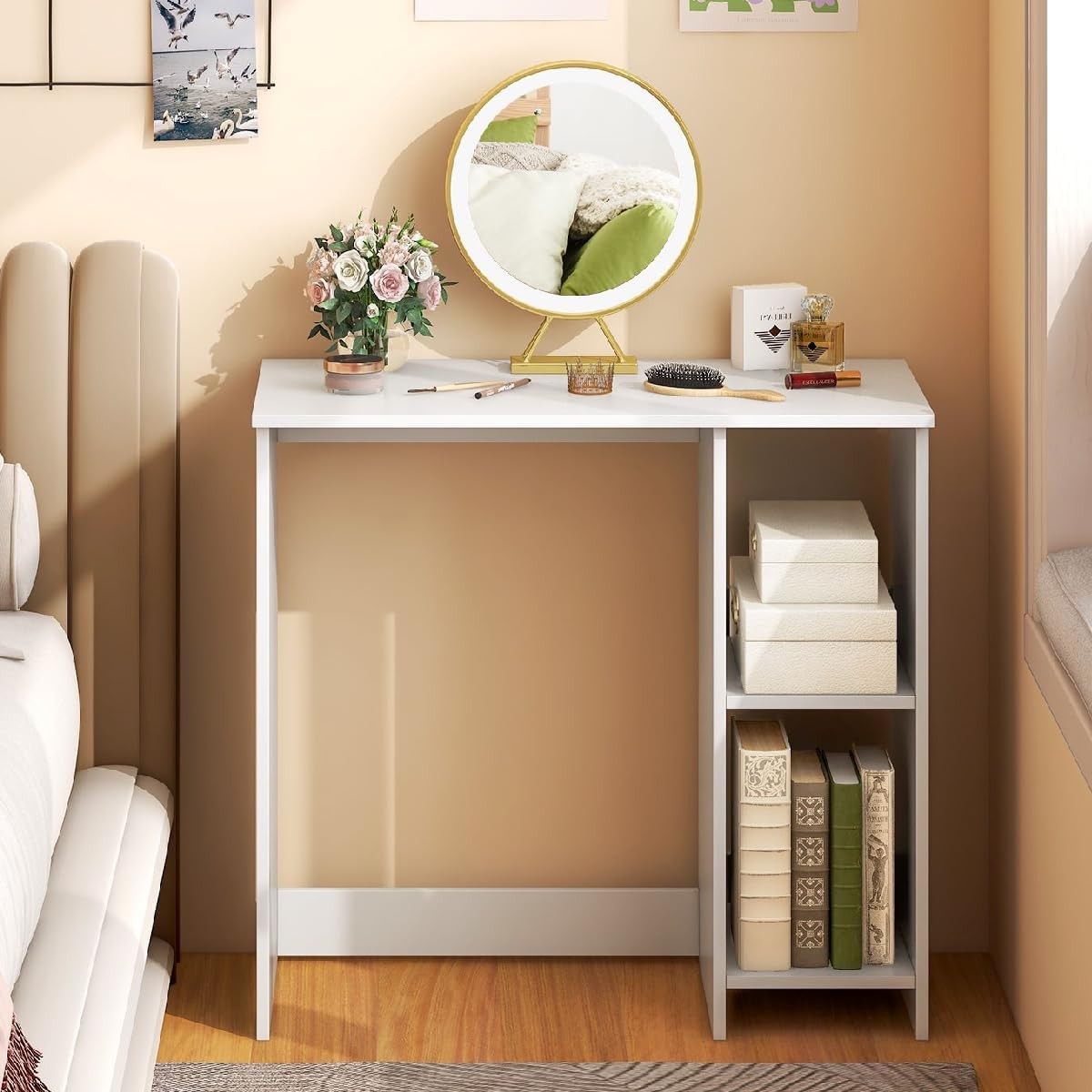 Compact Computer Desk with Shelves Small Space Home Office Laptop Table White