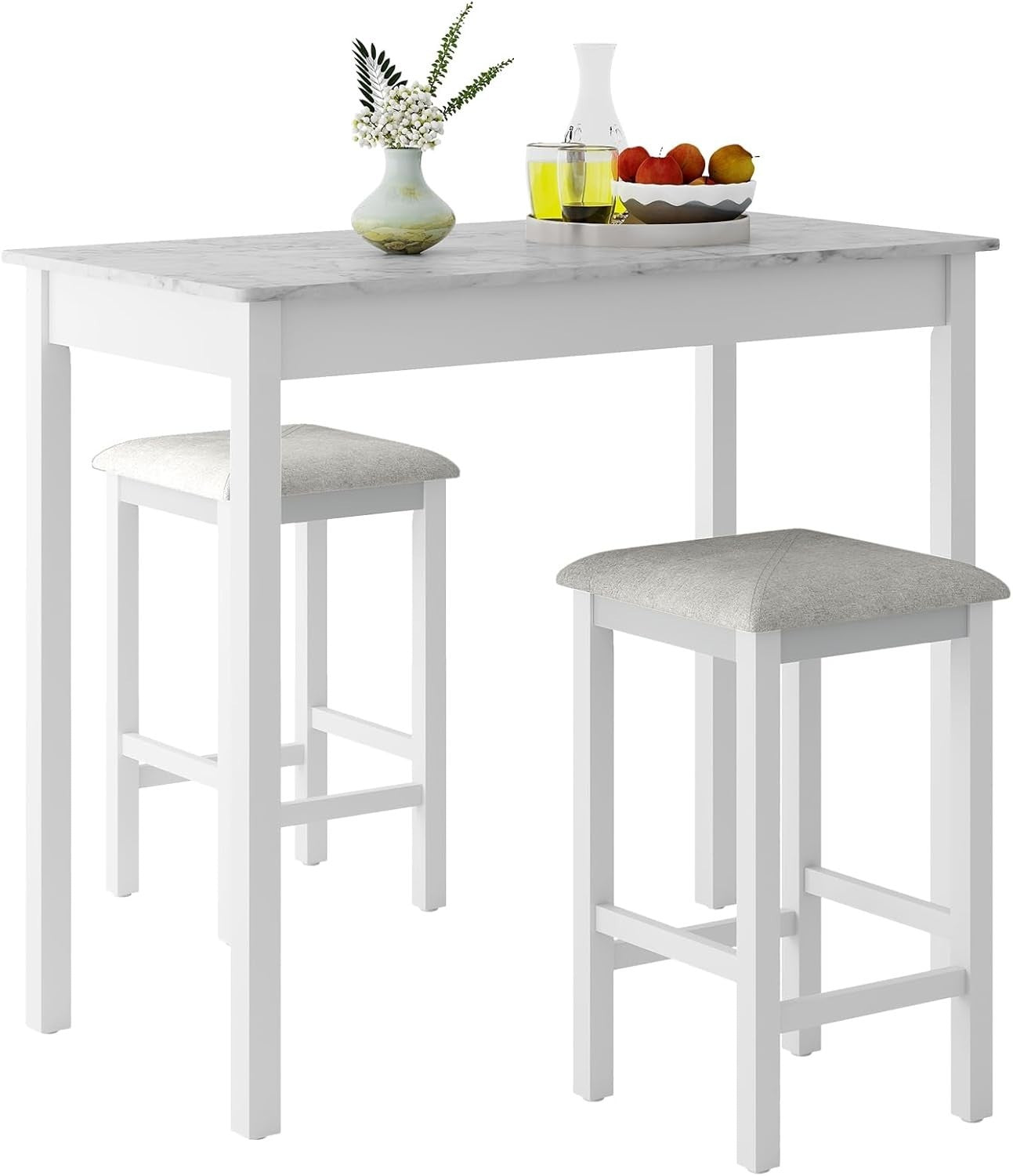 3PCS Dining Table Set Bar Table Faux Marble Top with 2 Padded Stools White Grey