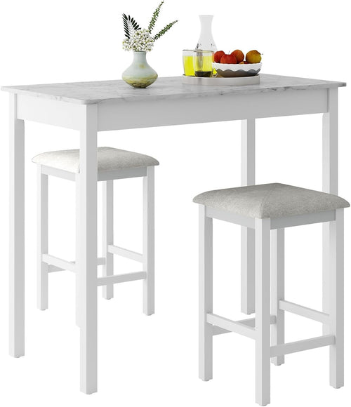 3PCS Dining Table Set Bar Table Faux Marble Top with 2 Padded Stools White Grey
