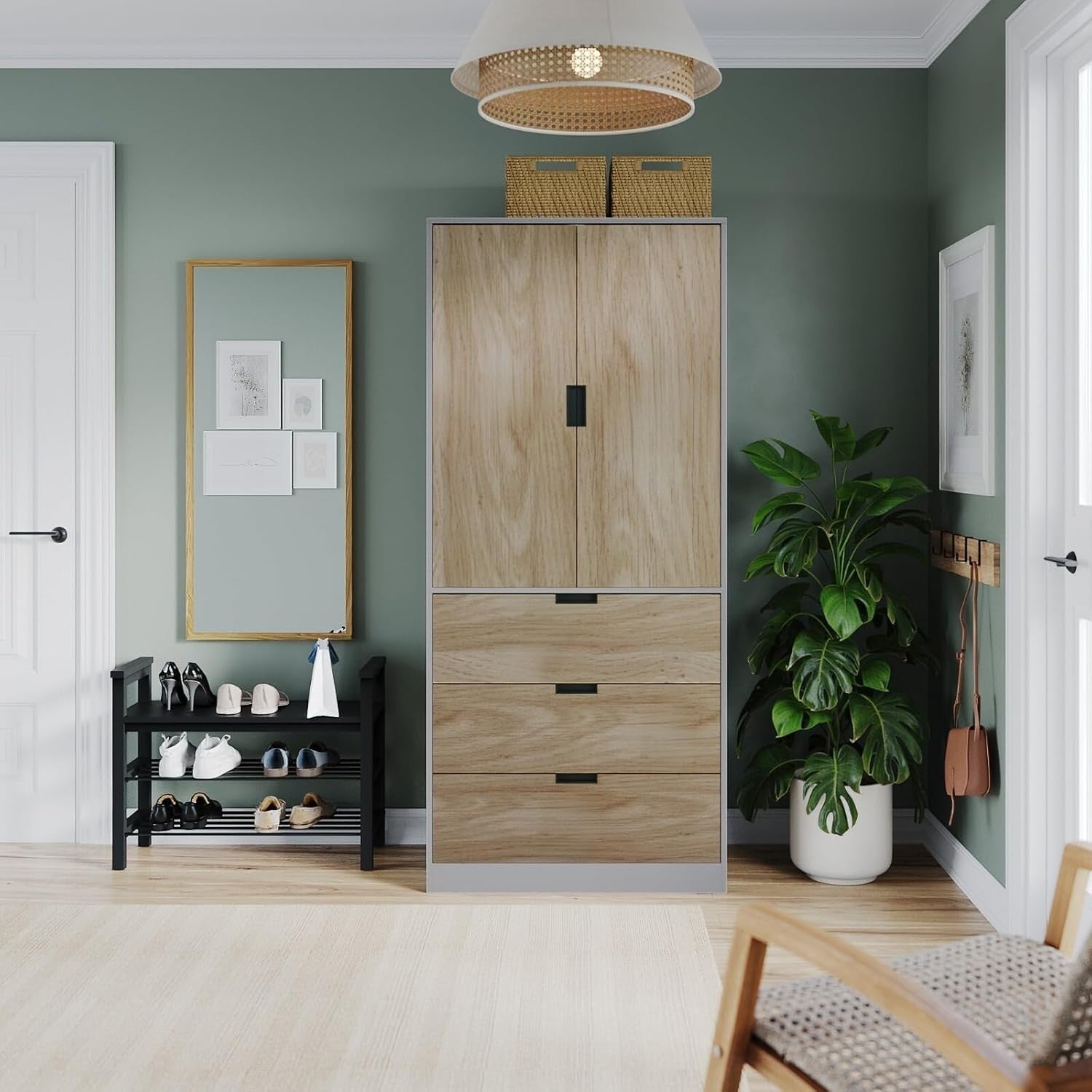 Tall Grey 2 Door Wardrobe with Drawers & Rail for Modern Bedroom Storage