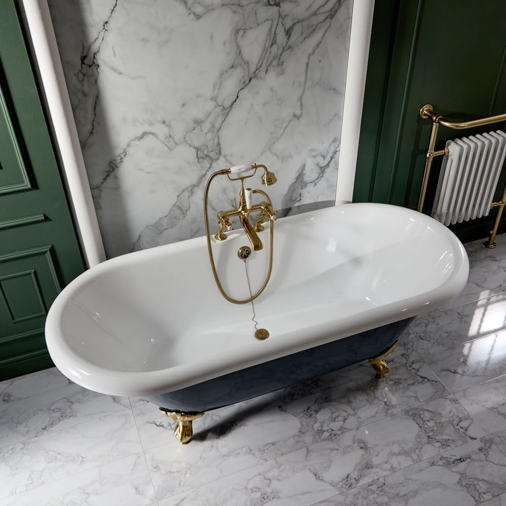 1795x785mm Double Ended Freestanding Bath Stone Grey Acrylic with Brass Feet