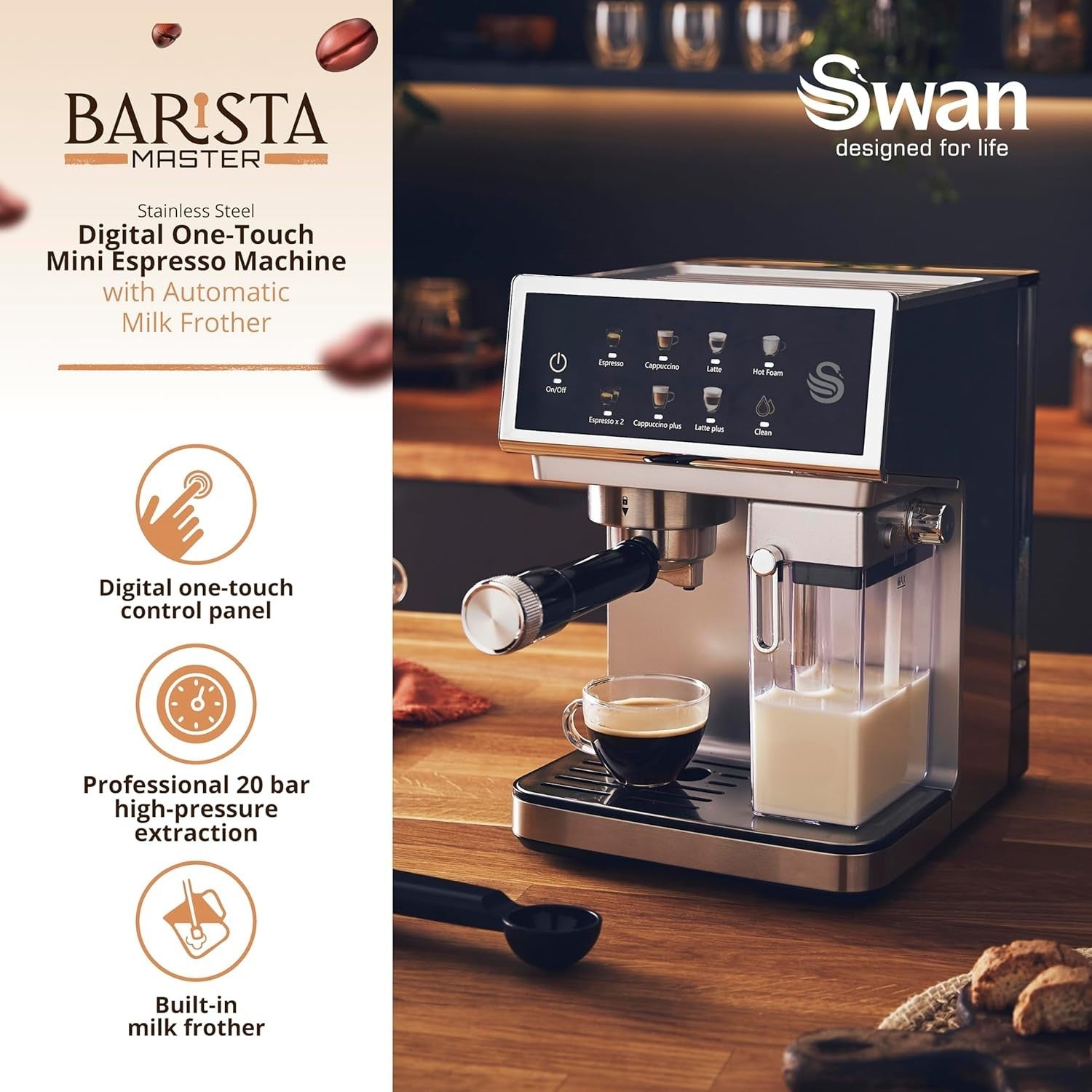 Digital Espresso Coffee Machine 20 Bar Pump Auto Milk Frother 8 Presets 1.6L