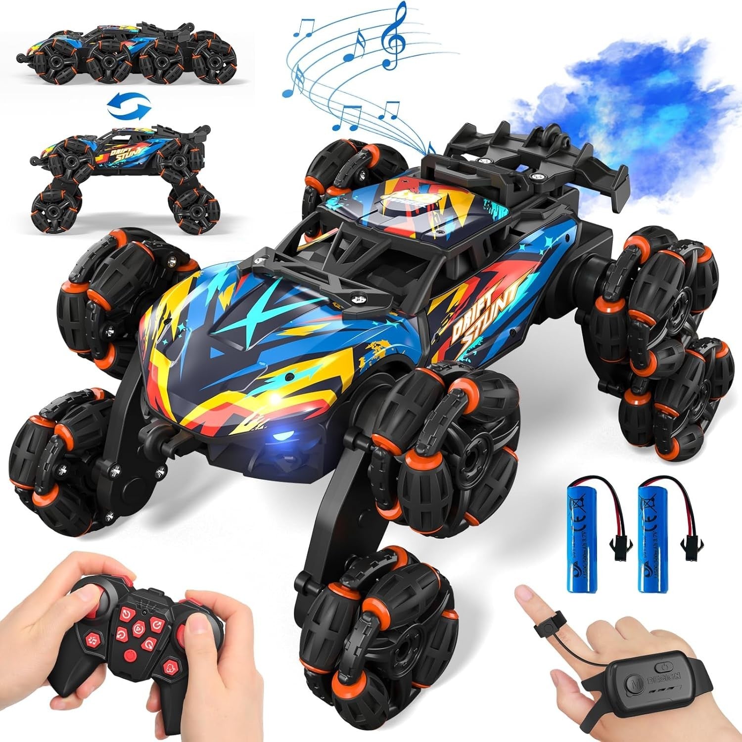 8WD RC Stunt Car w/ Gesture Control, LED Lights, Music & Spray, 360° Flip Drift
