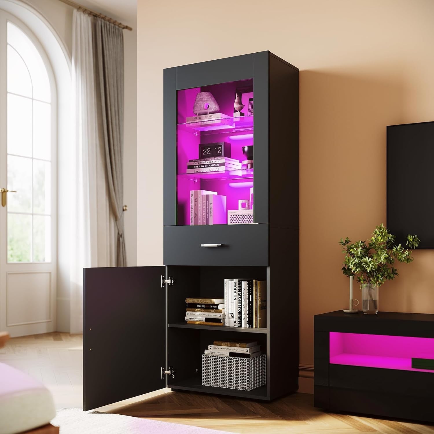 Tall Black Gloss LED Display Cabinet with Drawer & 5 Shelves Modern Storage Unit