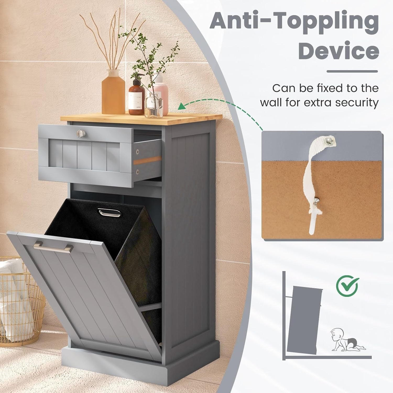Tilt-Out Laundry Cabinet with Drawer & Removable Bin | Freestanding Bathroom Ham