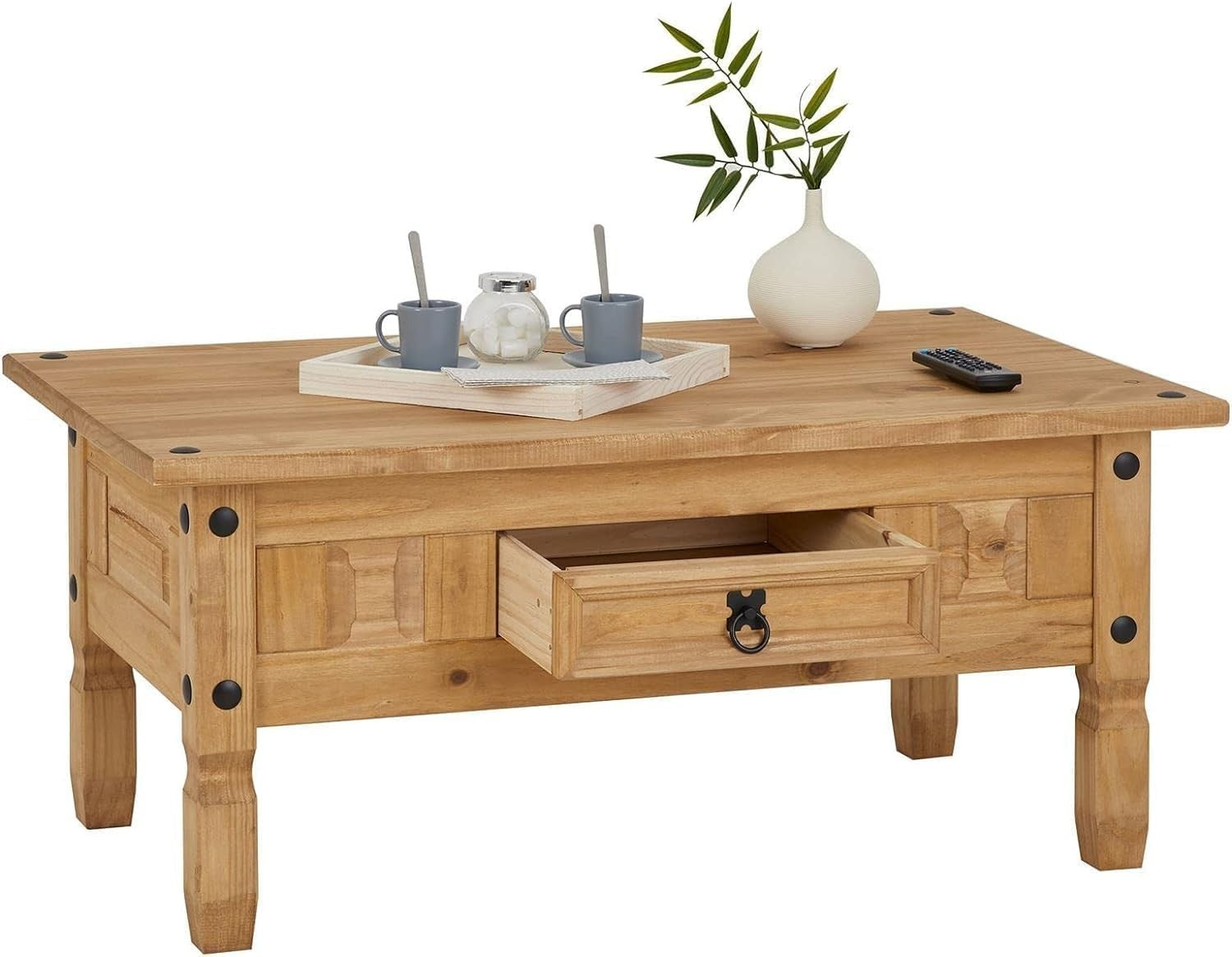 Rustic Pine Coffee Table with Drawer, Solid Wood, 95x50x44cm, Mexican Style
