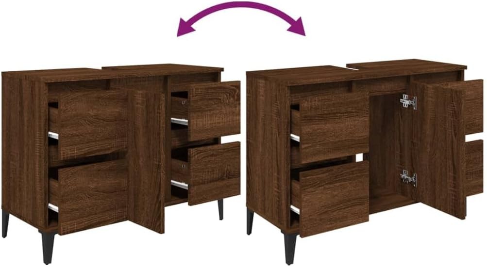 Brown Oak Under Sink Bathroom Cabinet with Drawers & Door – Industrial Vanity