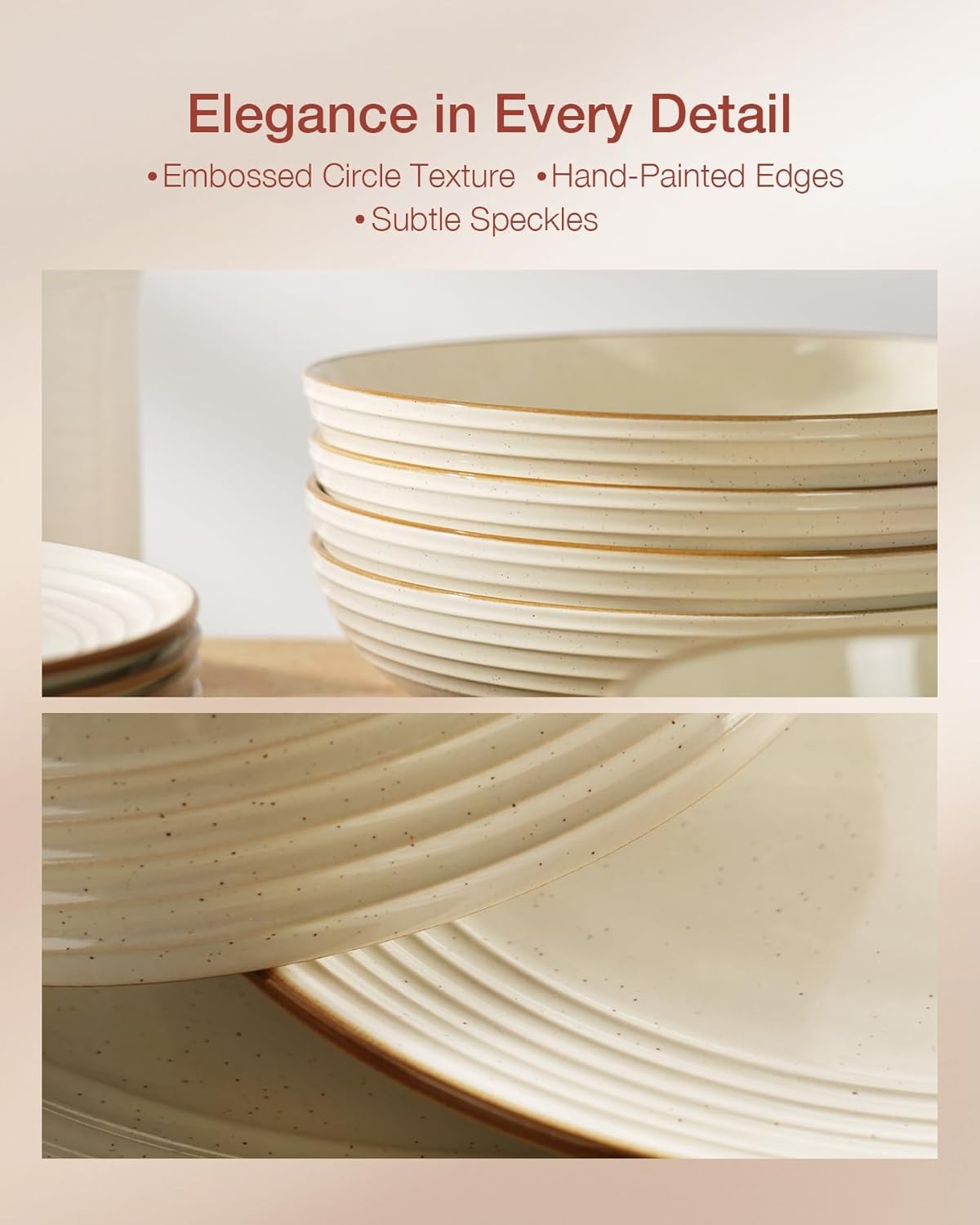 18pc Stoneware Dinner Set Cream White Gold Rim Plates Bowls Dishwasher Safe