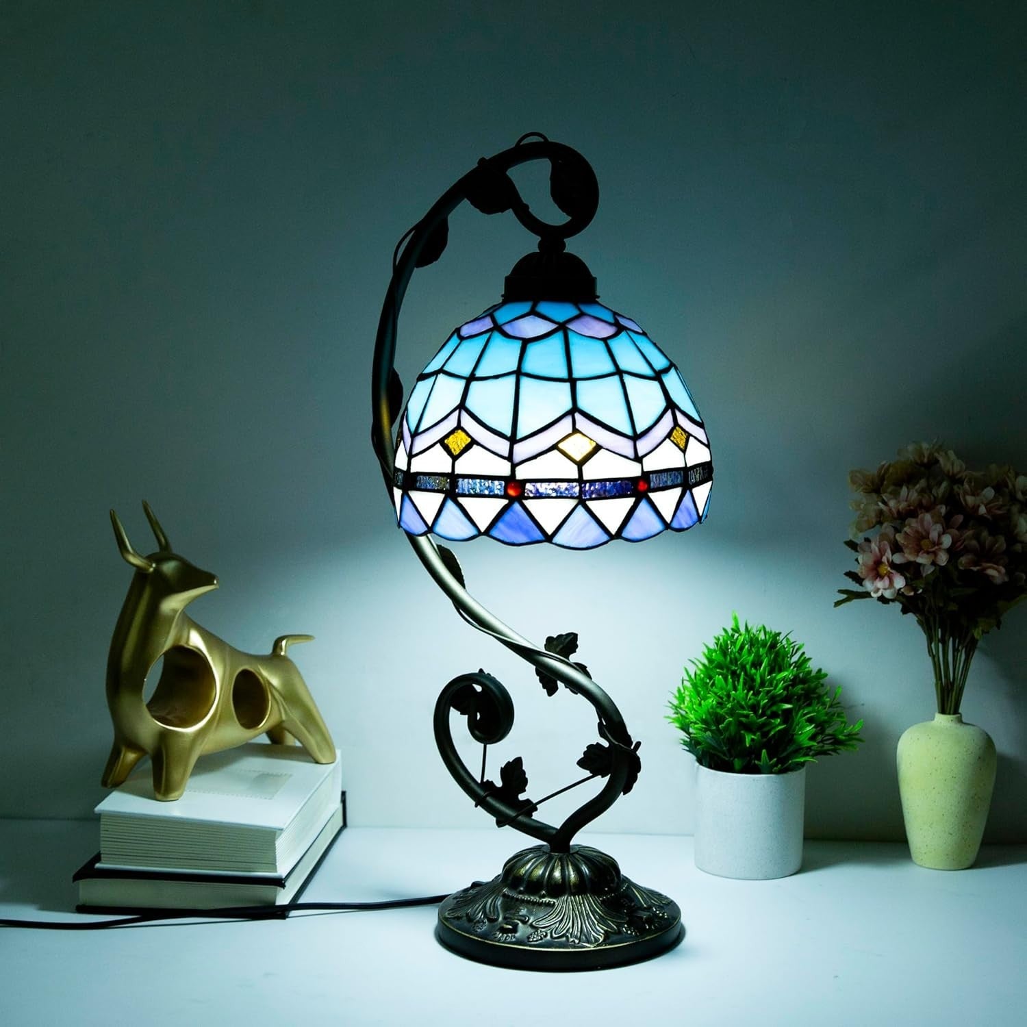 Stained Glass Table Lamp LED Remote Dimming 3 Color Modes for Bedroom