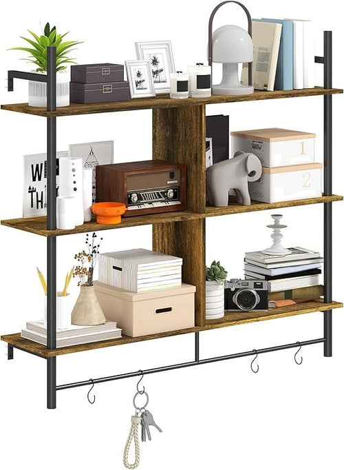 Rustic Ladder Wall Shelf 3-Tier Display Unit with Hooks 104cm Floating Rack
