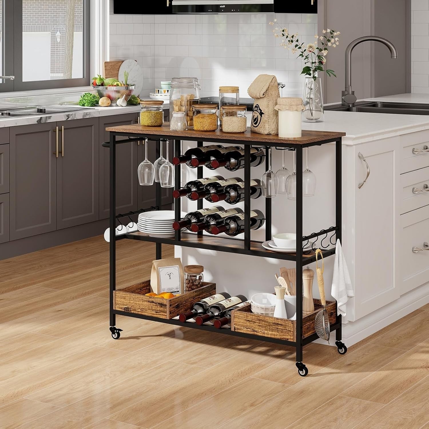 3 Tier Rolling Bar Cart 9 Bottle Wine Rack Drinks Trolley