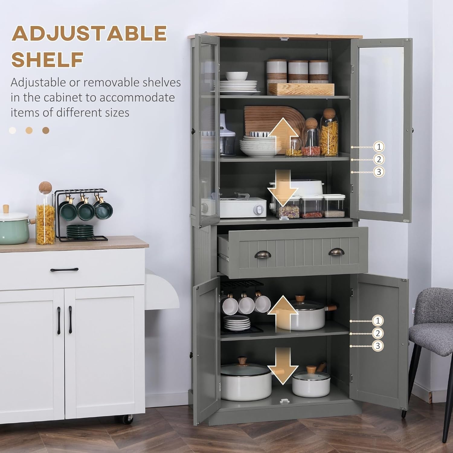 Grey Tall Kitchen Cupboard 182cm Pantry Storage Cabinet Drawer Shelves