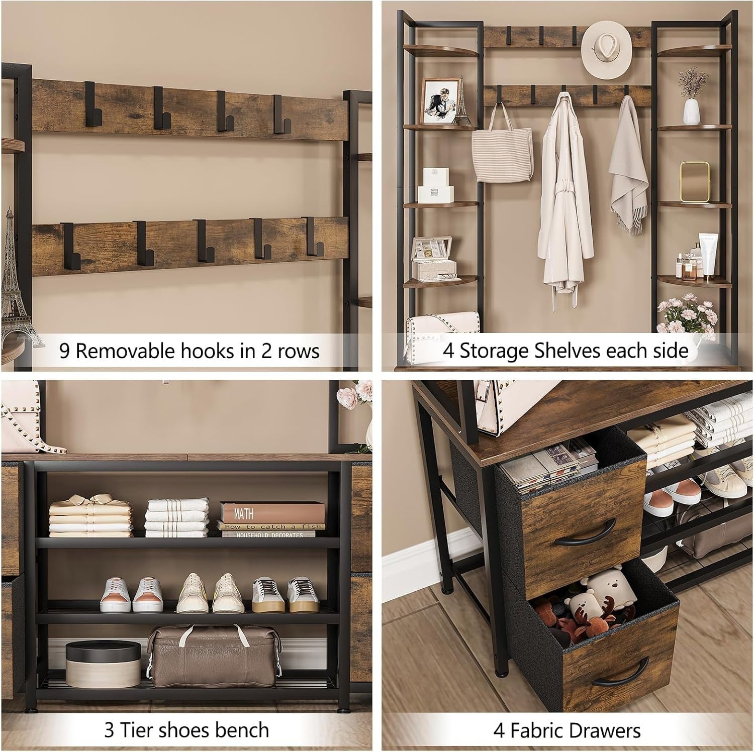 Large 5-in-1 Hall Tree Bench Coat Rack Shoe Storage Drawers Shelves 120x180cm