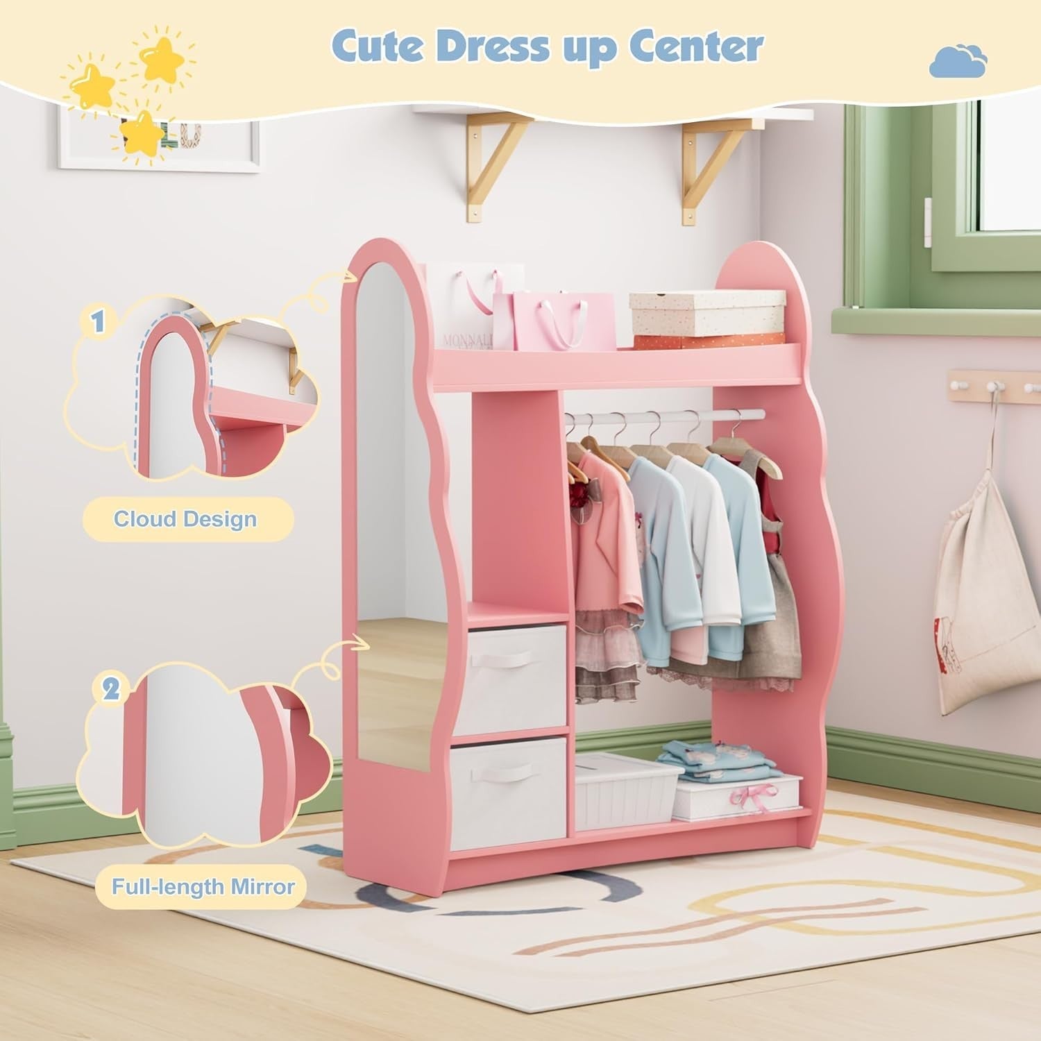 Kids Wardrobe with Mirror, Hanging Rail & 2 Drawers, Pink Cloud Design