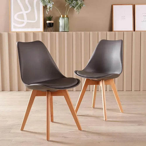 Pair Grey Tulip Dining Chairs Faux Leather Seat Wood Legs Kitchen Set