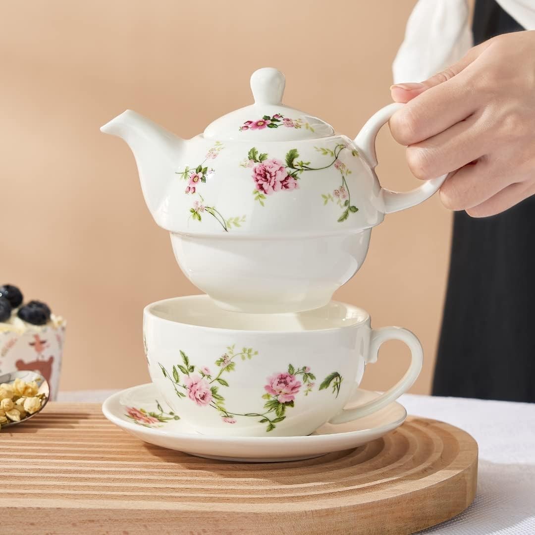Tea For One Porcelain Teapot Cup Set Floral Pink Tea Set with Saucer