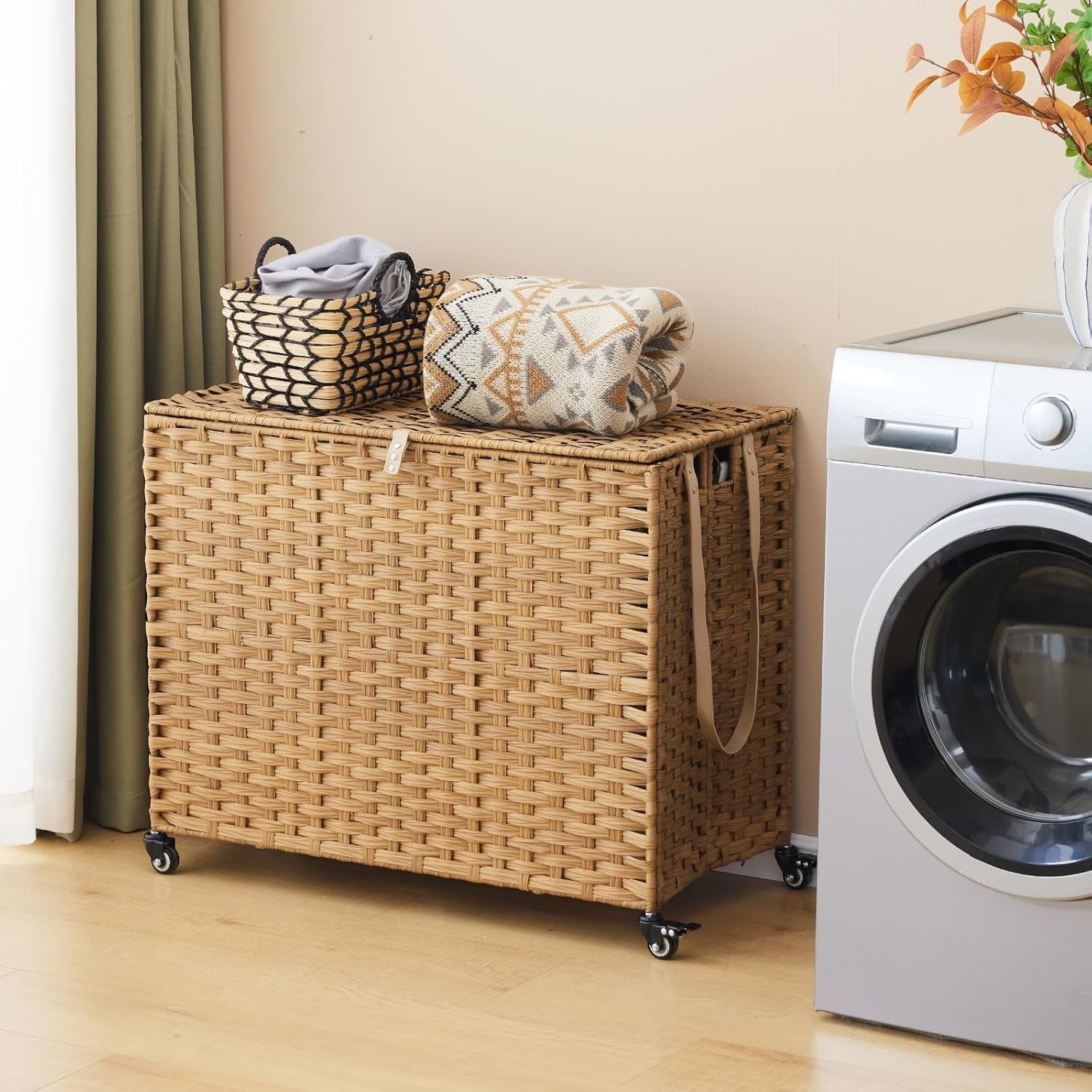 Large 200L Rattan Laundry Hamper on Wheels 3-Section Sorter with Lid & Bags