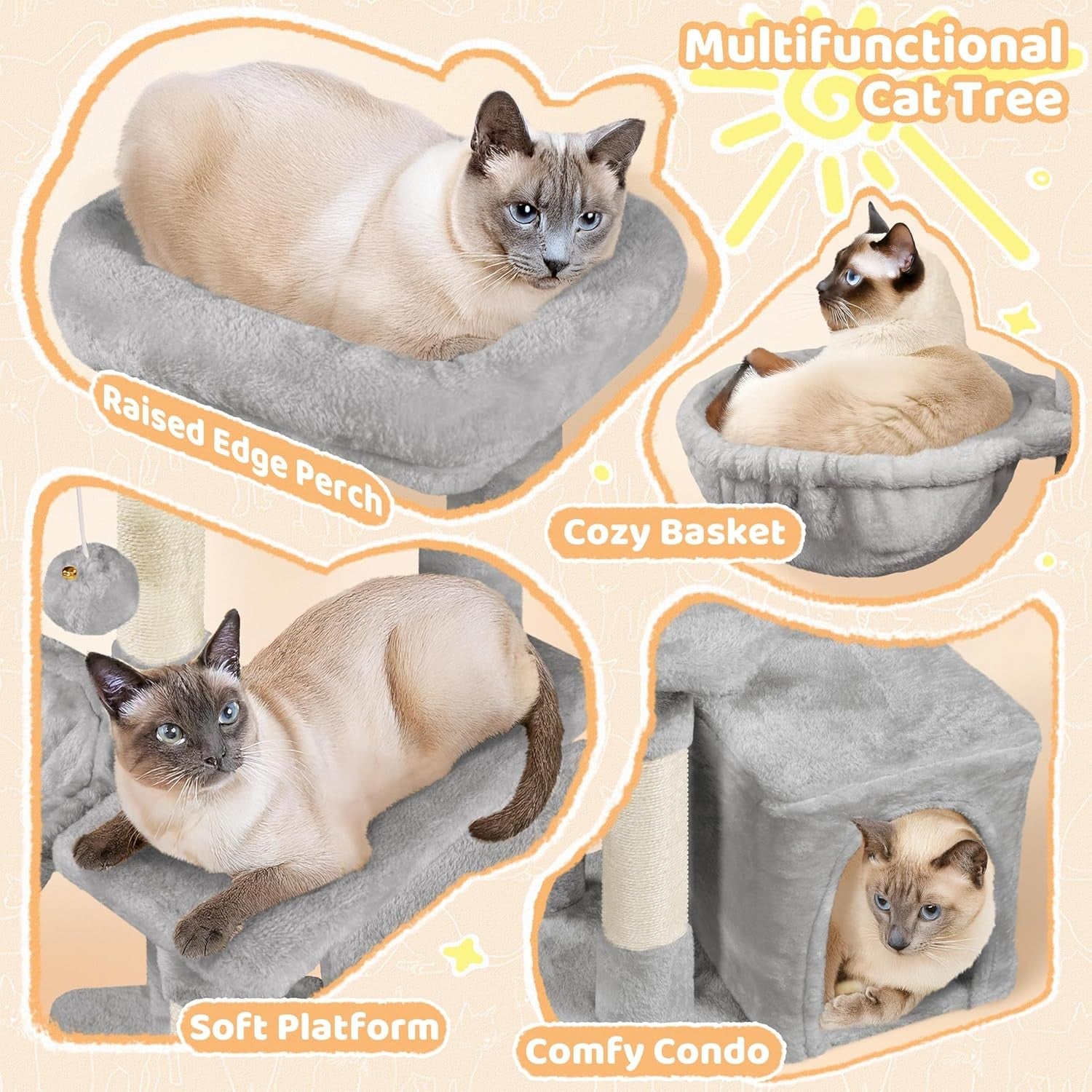 Small Cat Tree 87cm Multi Level Scratching Tower with Condo Light Grey