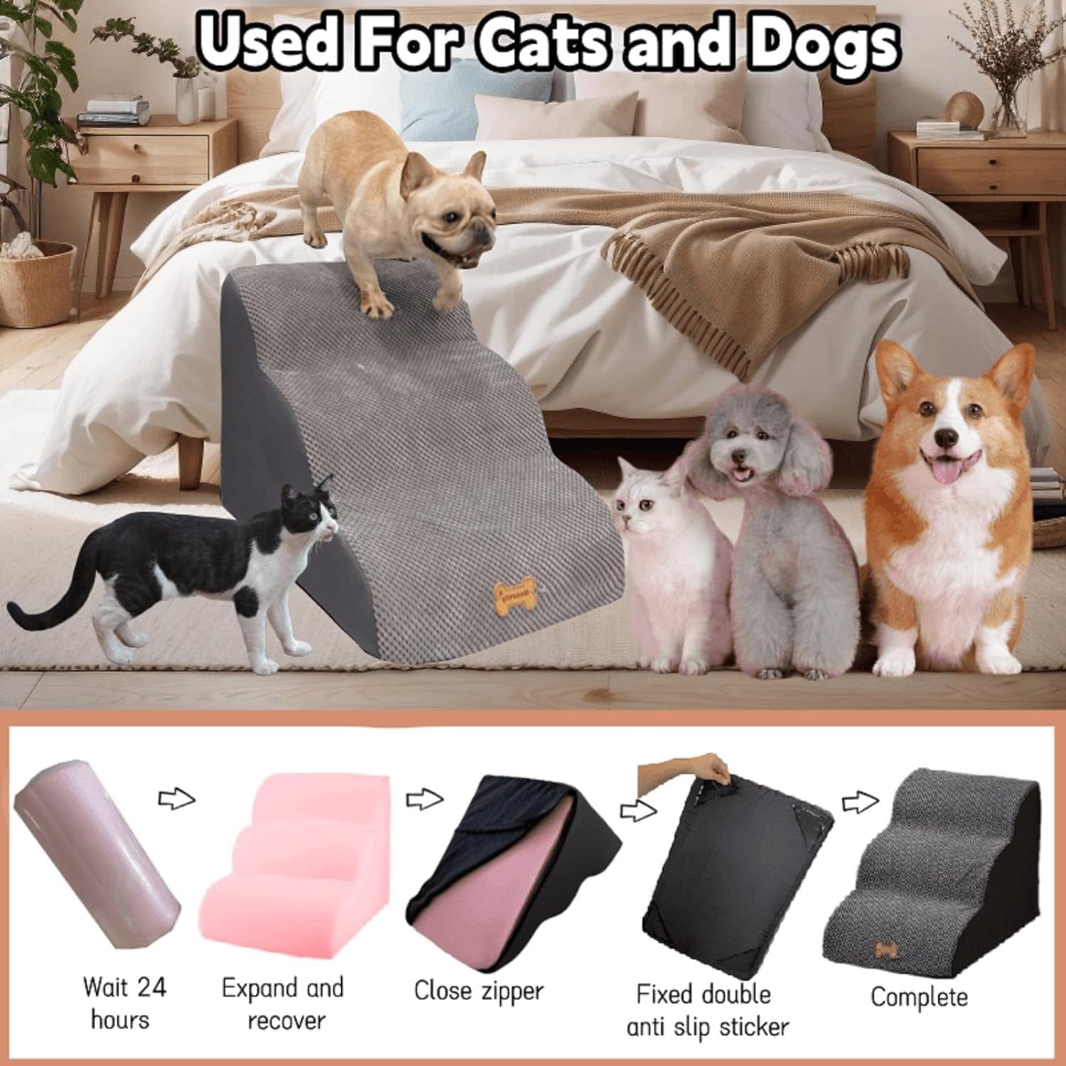 Wide Dog Stairs 3 Step Foam Pet Ramp 60x32x30cm Non Slip