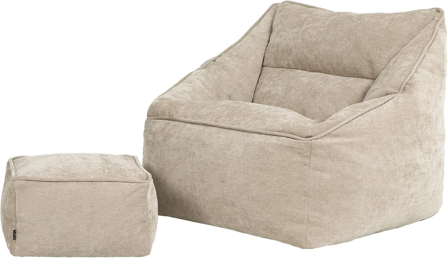 Natural Chenille Bean Bag Armchair Set with Footstool Lounge Chair.
