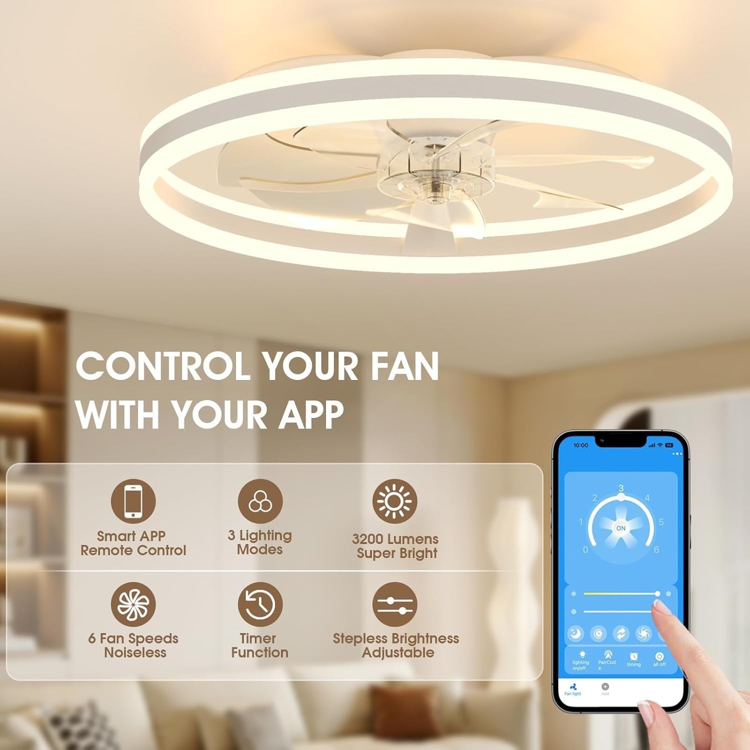 60cm LED Ceiling Fan Light with Remote, 6 Speeds, Quiet, Dimmable, Modern