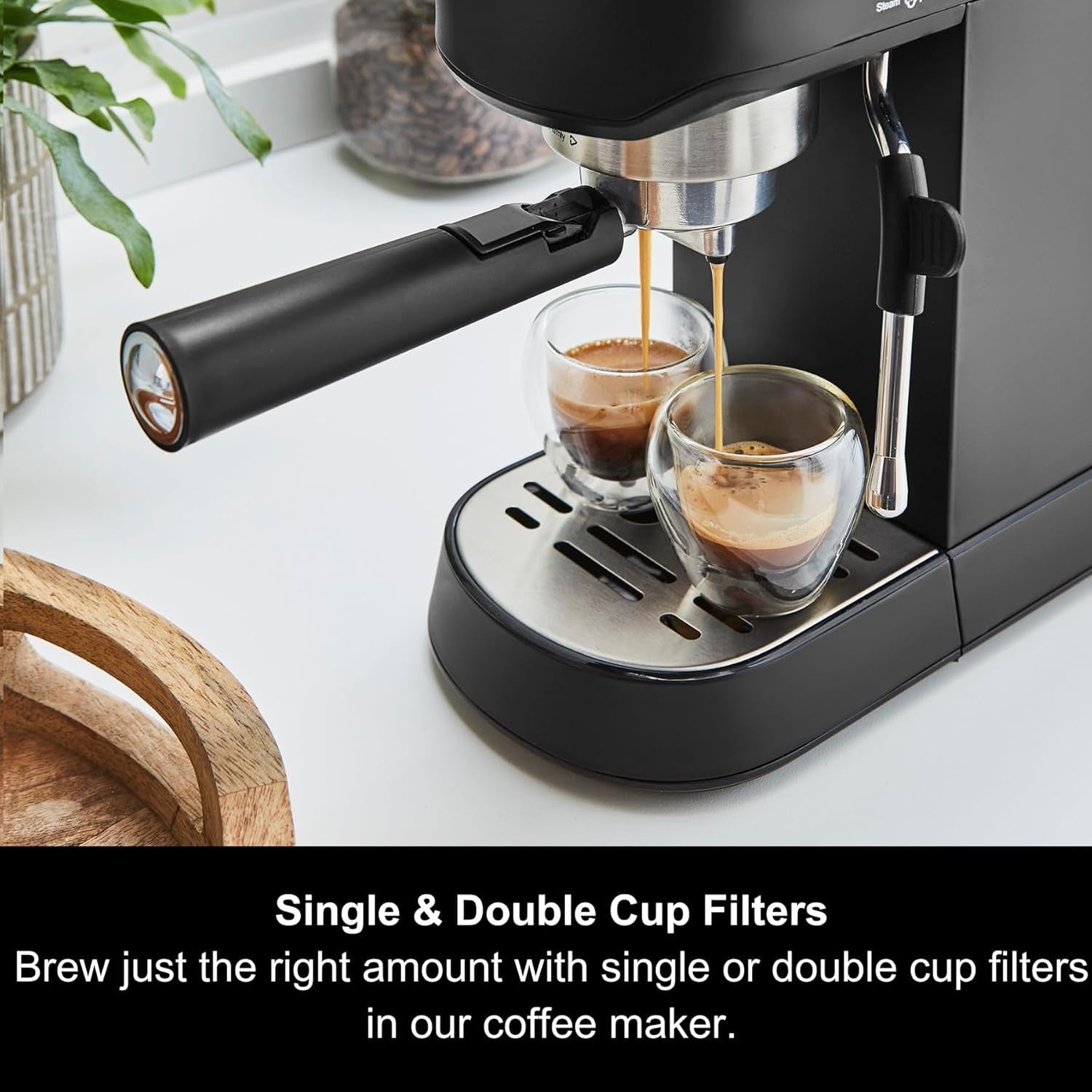 Compact Espresso Machine 15 Bar Pump, Dual Cup, Milk Frother, 1L Tank, Black