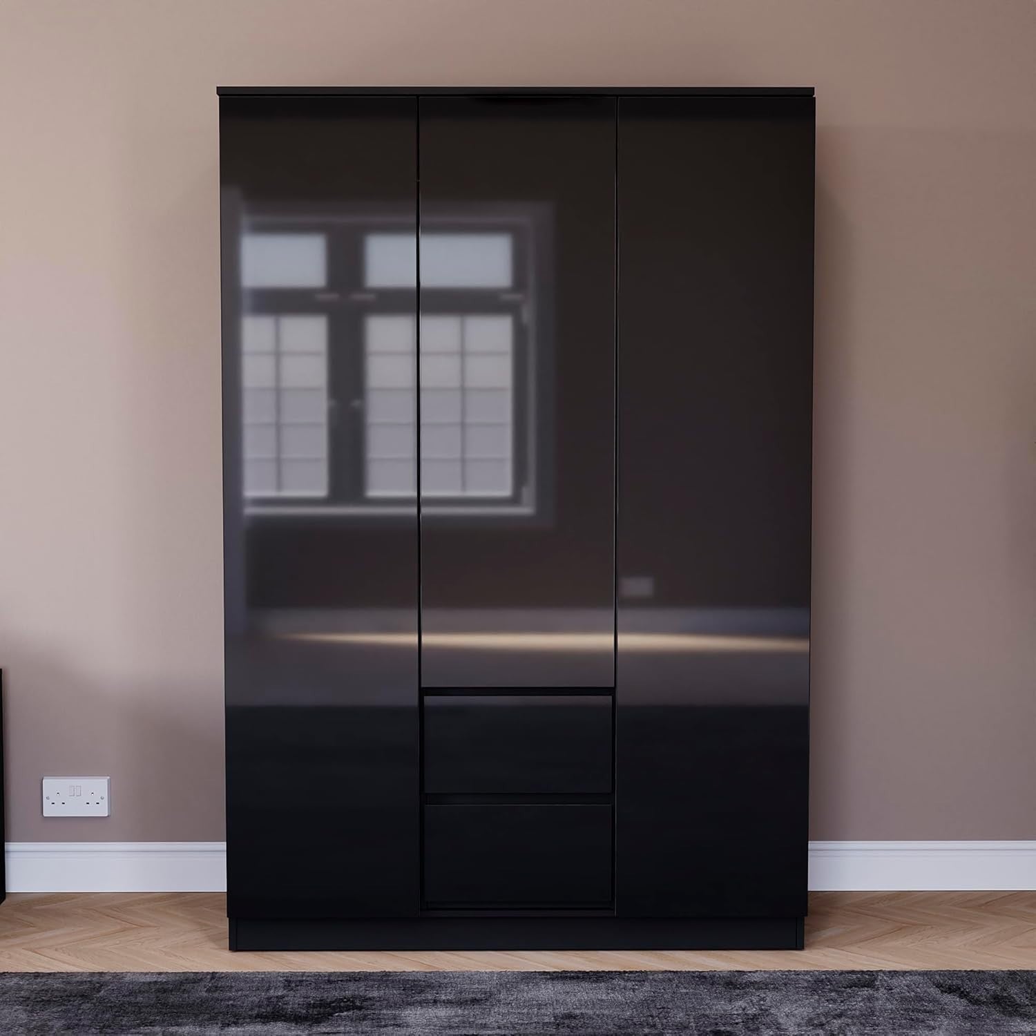 High Gloss Black 3 Door Wardrobe with 2 Drawers - Modern Bedroom Storage