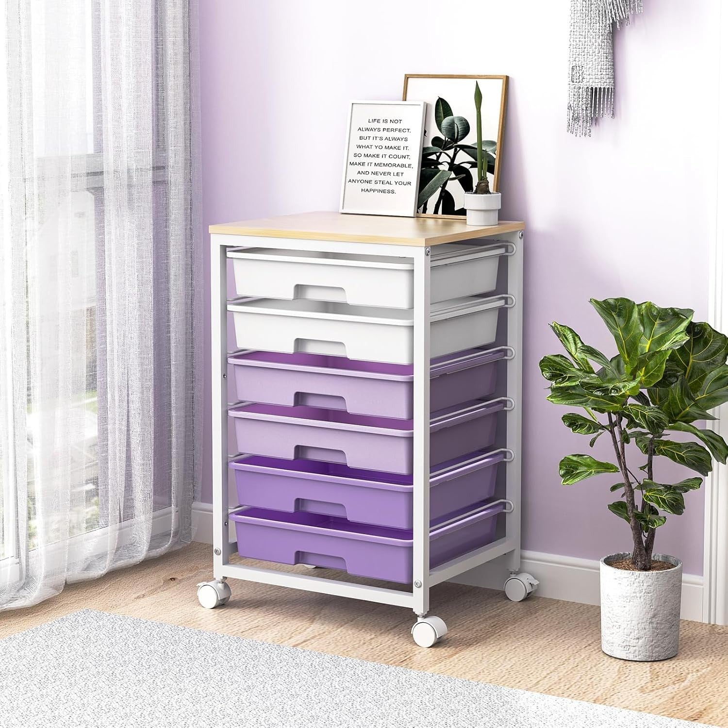Purple 6 Drawer Rolling Storage Cart Utility Organizer Trolley Wheels