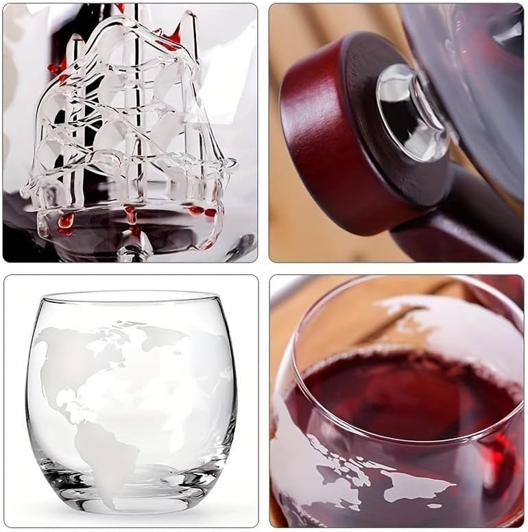 Whiskey Globe Decanter Set 850ml with Stand, 2 Glasses & Keychain Opener