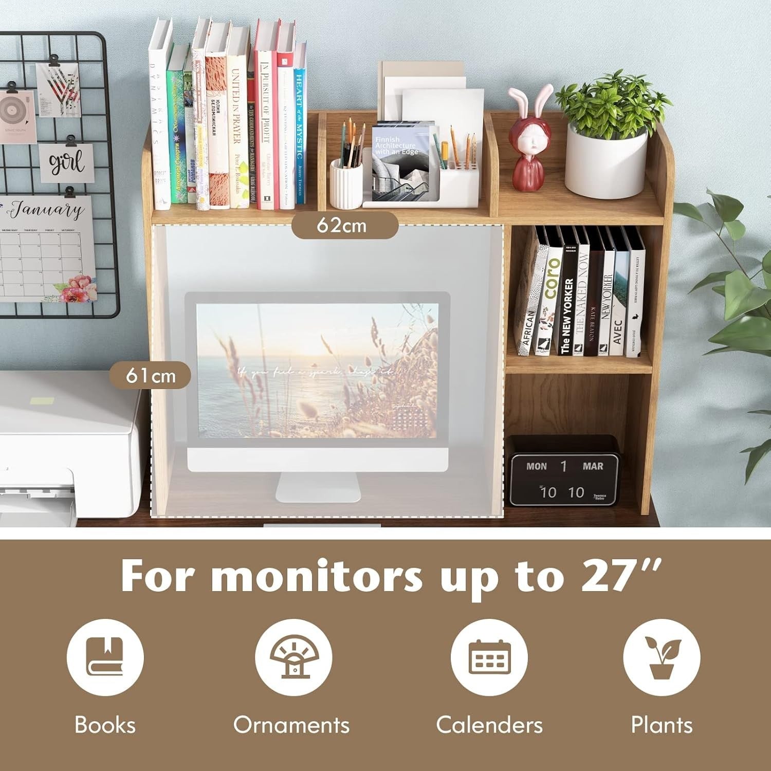 Natural Desktop Bookshelf 3-Shelf Storage Hutch Organizer Rack 94cm