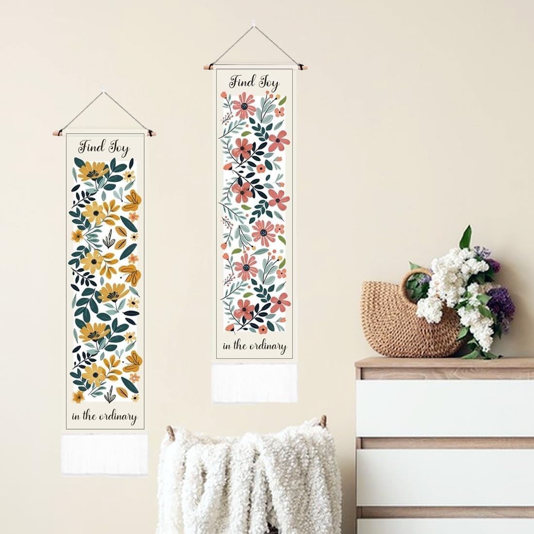 2-Pack Boho Pink & Yellow Floral 52"x13" Vertical Decor